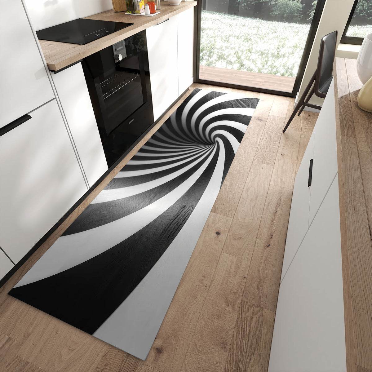Flacher Bodenläufer mit Motiv Hypnotisches Muster in moderner Küche