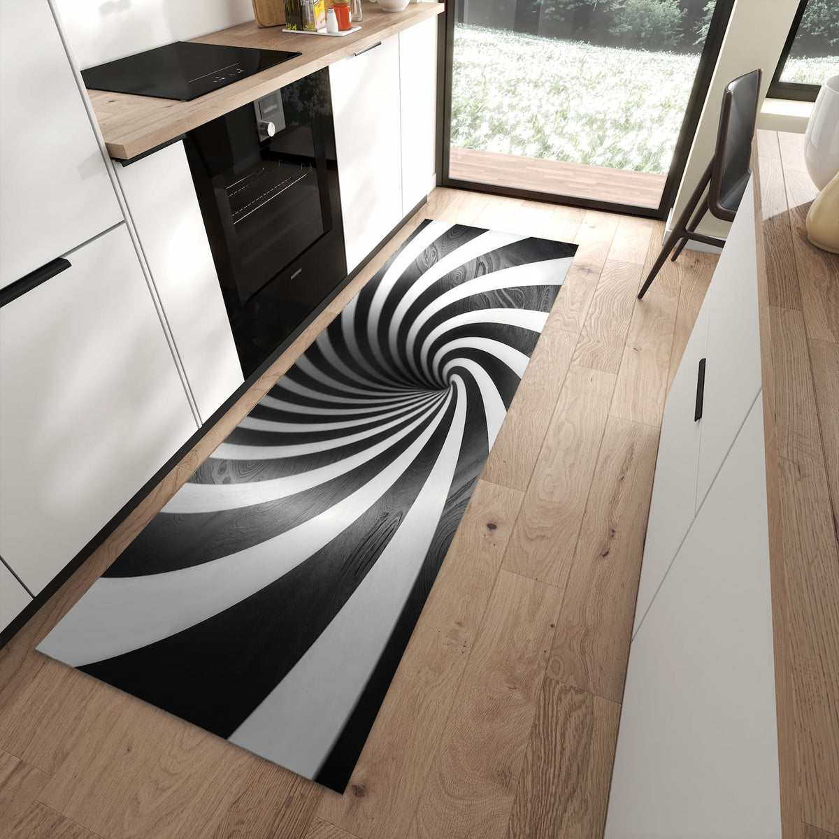 Langlebiger Bodenläufer mit Motiv Hypnotisches Muster in moderner Küche