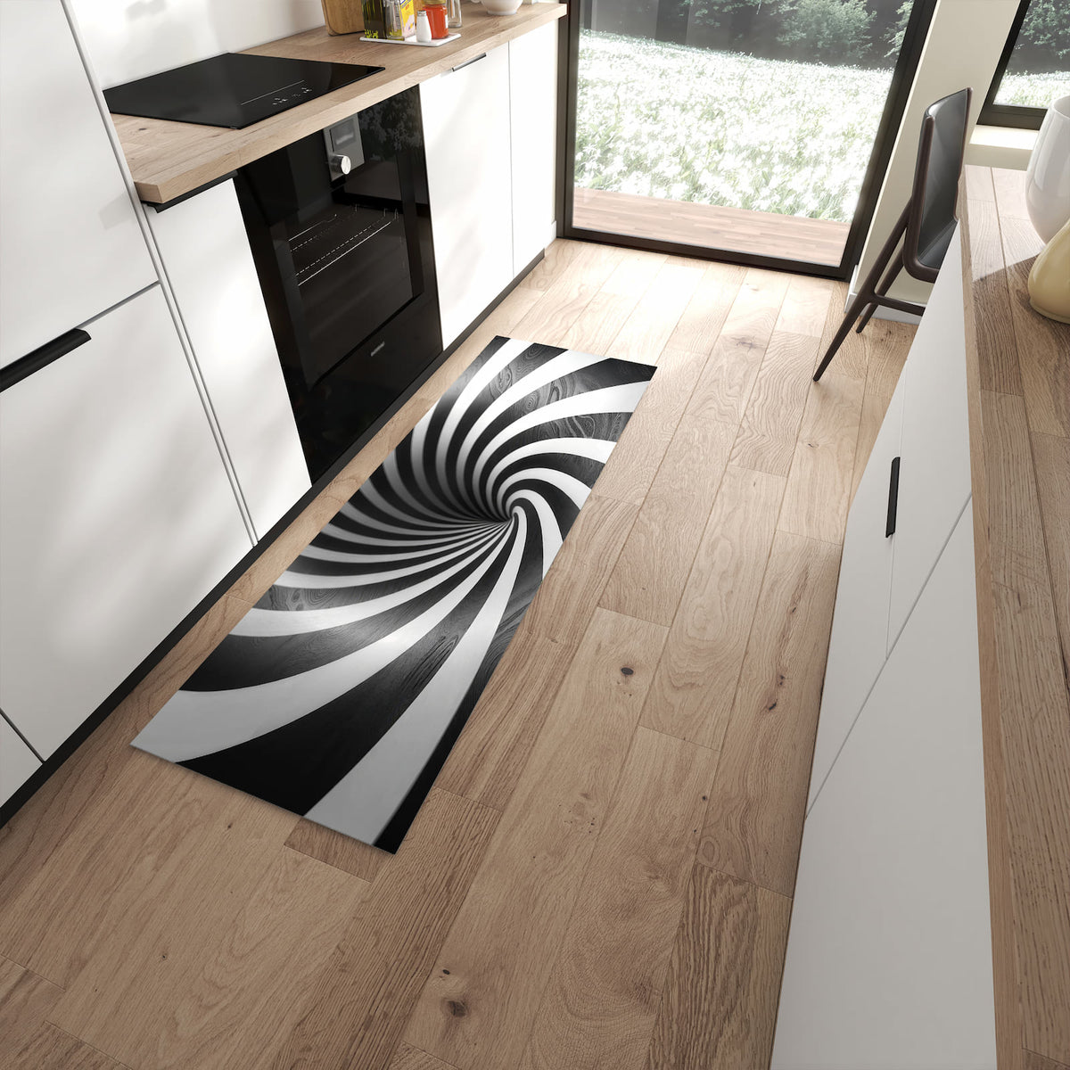 UV-beständiger dünner Teppich mit Motiv Hypnotisches Muster in moderner Küche