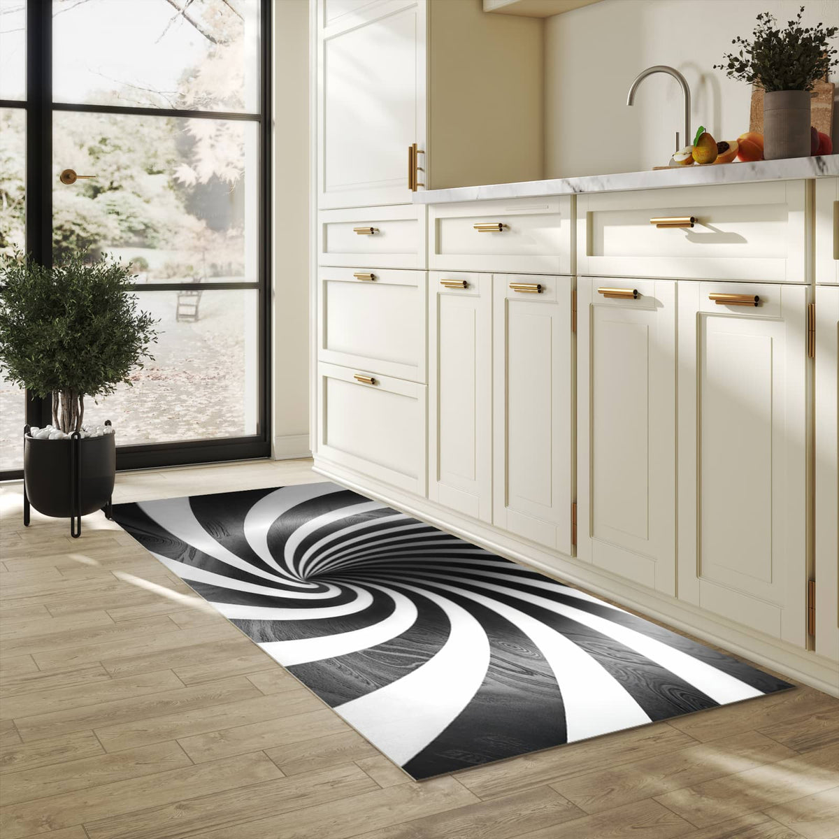 Pflegeleichter dünner Teppich mit Motiv Hypnotisches Muster in heller Küche