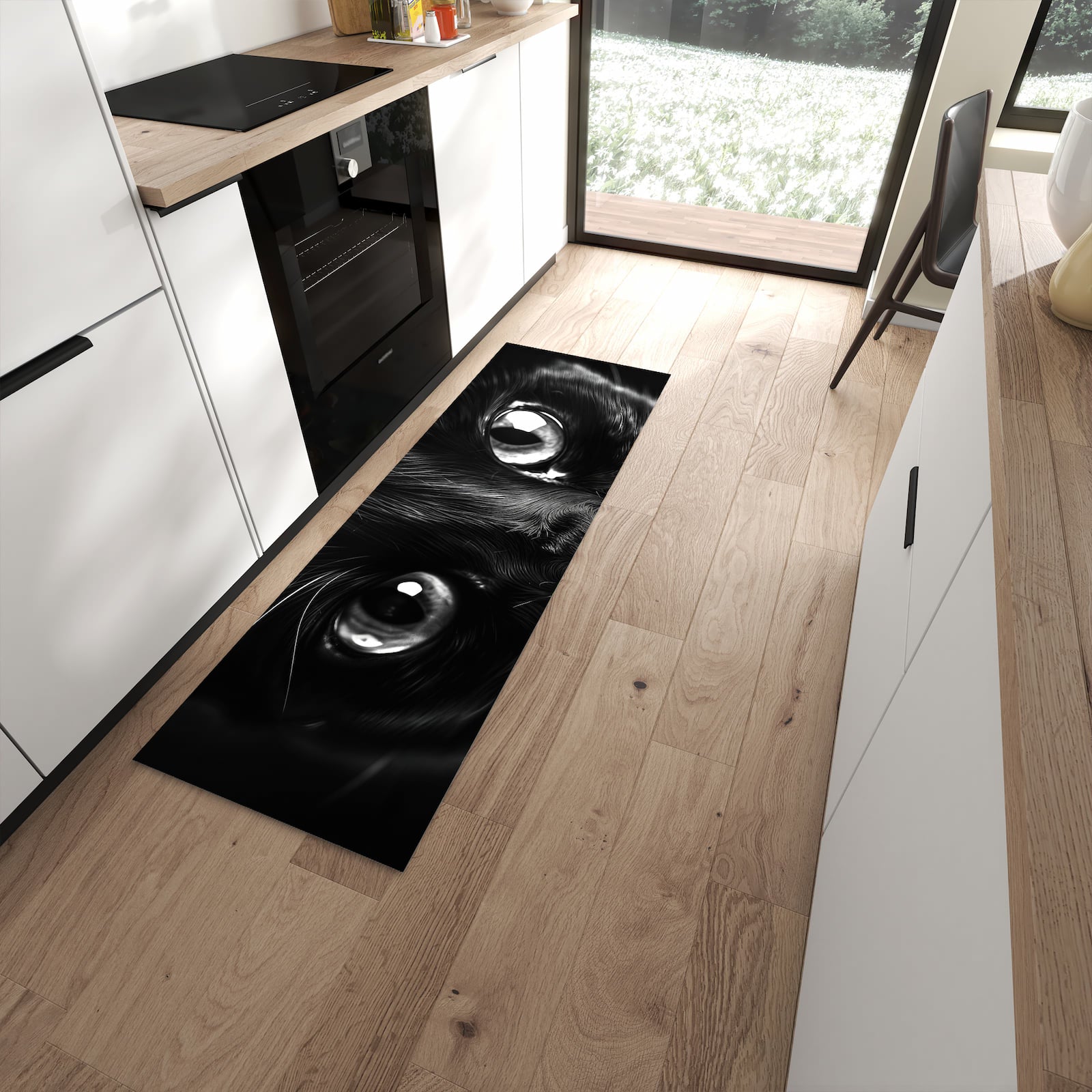 Waschbarer Küchenläufer mit Motiv Katzengesicht in moderner Küche
