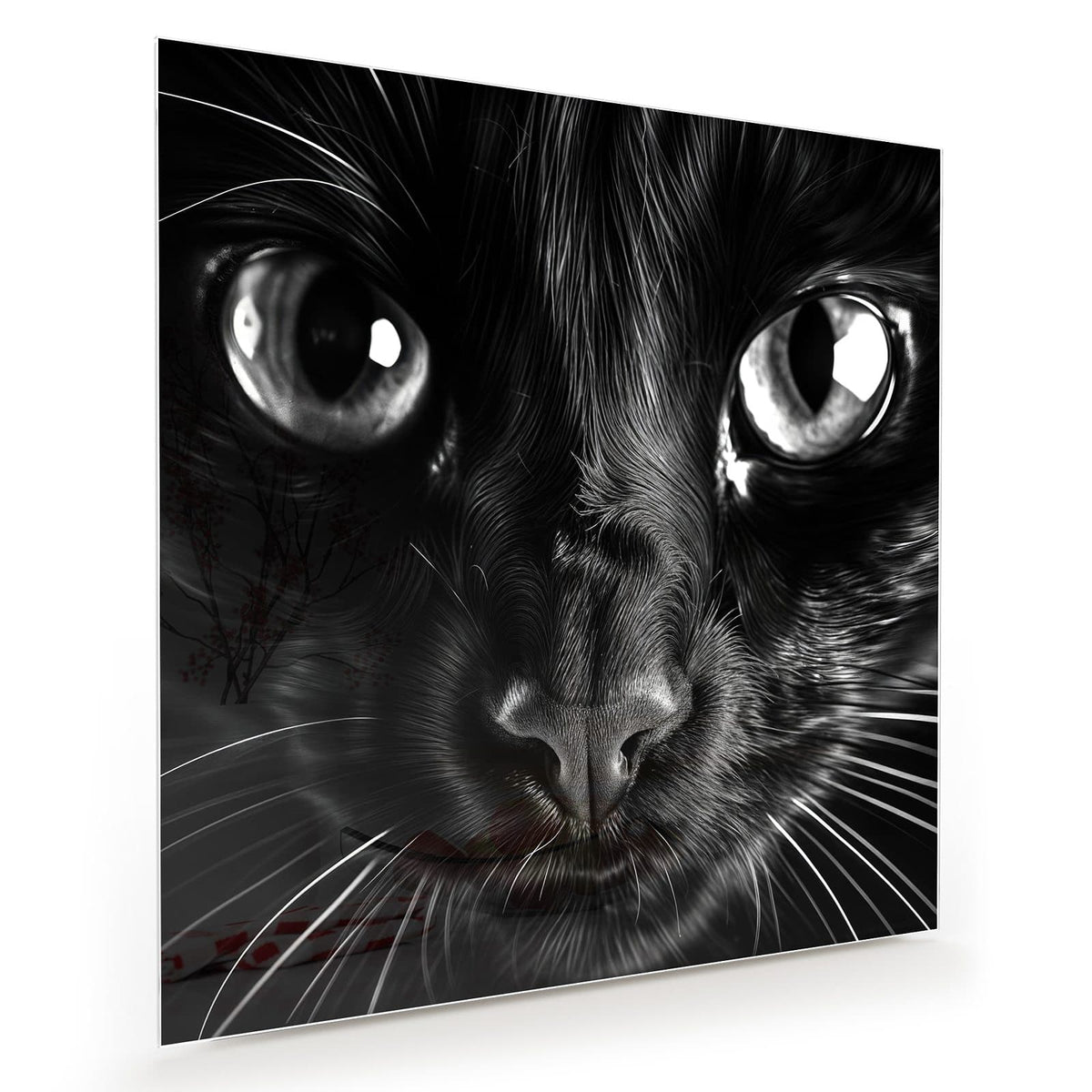 Schwarz-weiße Nahaufnahme eines schwarzen Katzengesichts mit großen hellen Augen
