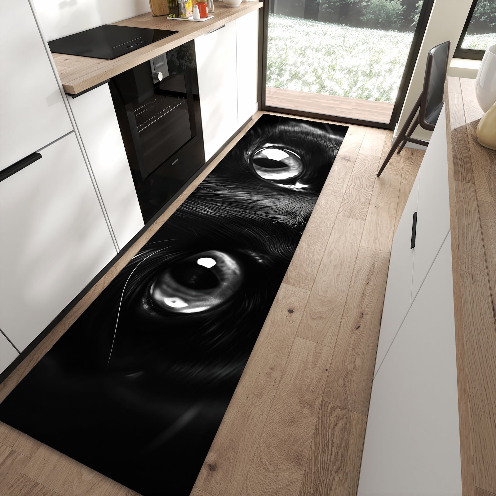 Formstabiler waschbarer Läufer für die Küche mit Motiv Katzengesicht in moderner Küche