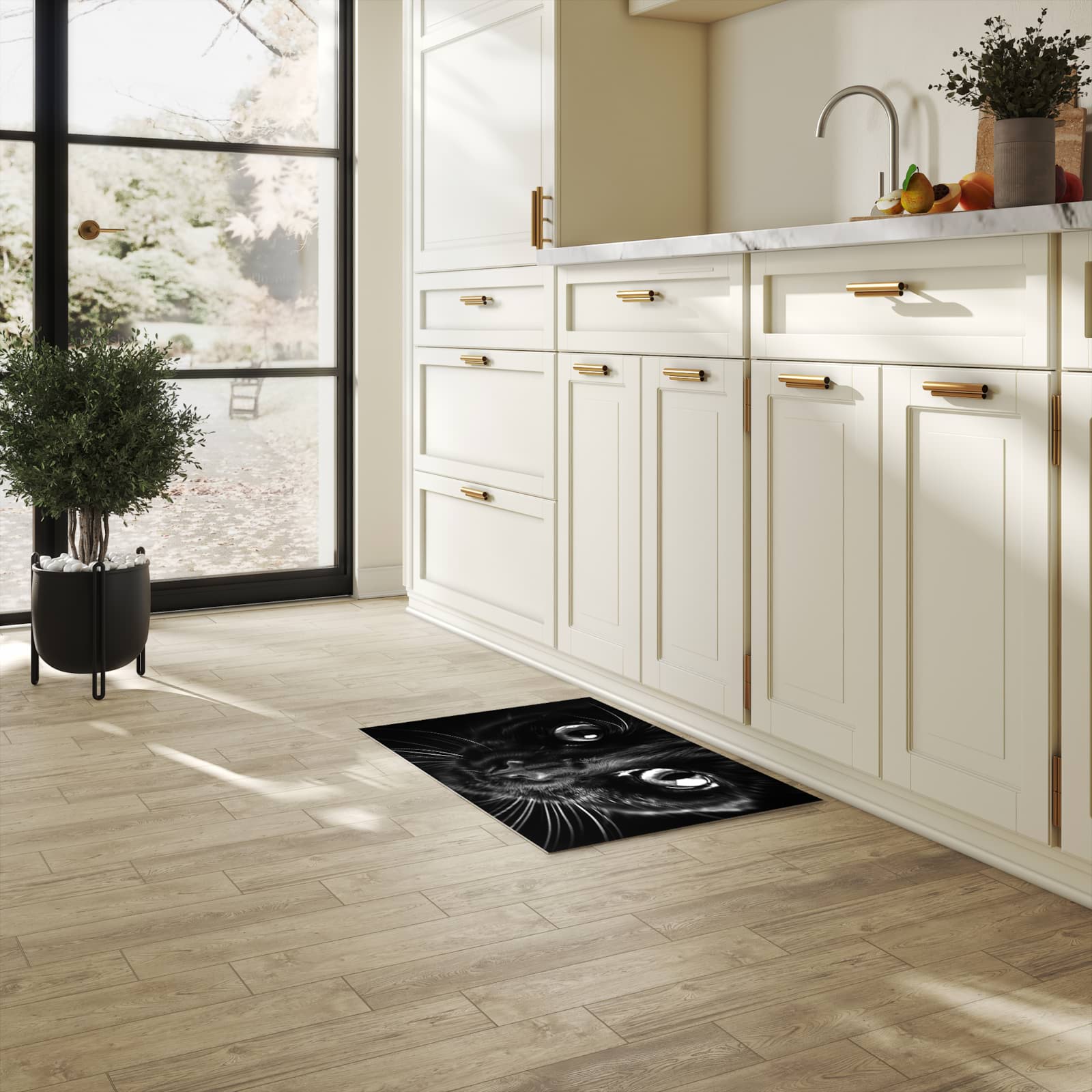 Rutschfester Küchenteppich mit Motiv Katzengesicht in heller Küche