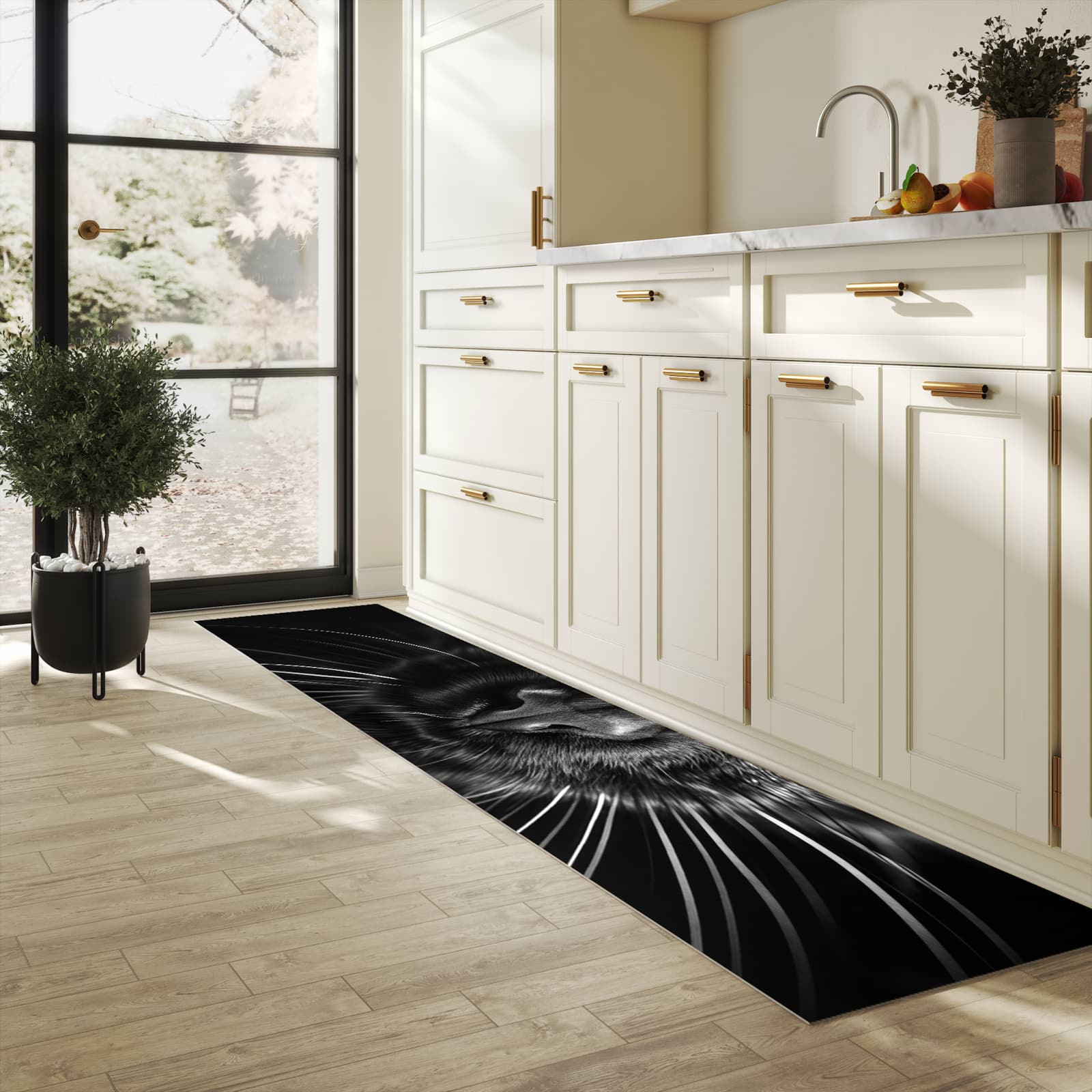 Langlebiger Küchenteppich mit Motiv Katzengesicht in heller Küche