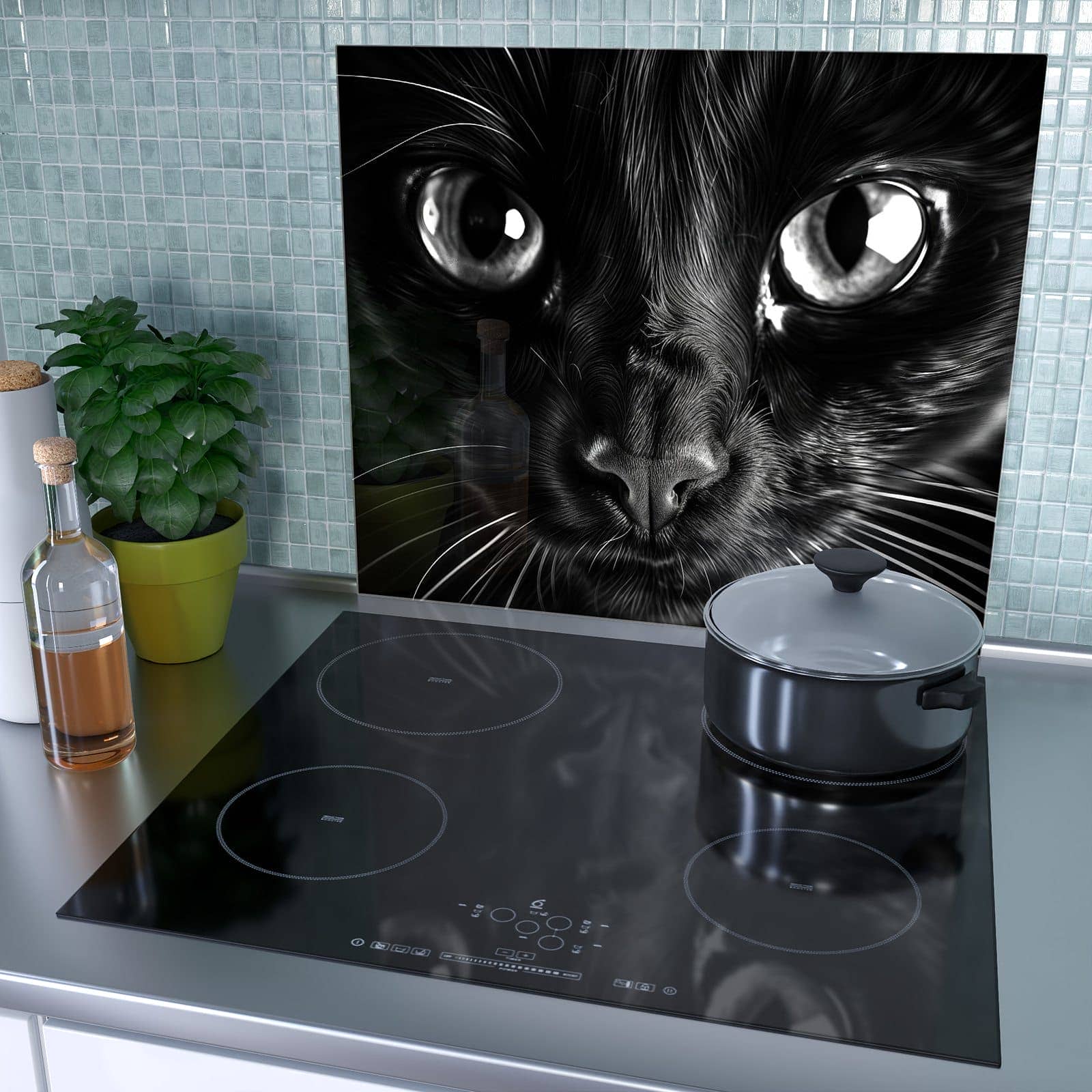 1-teilige Herdabdeckplatte aus Glas mit Katzengesicht-Motiv als Spritzschutz hinter dem Kochfeld