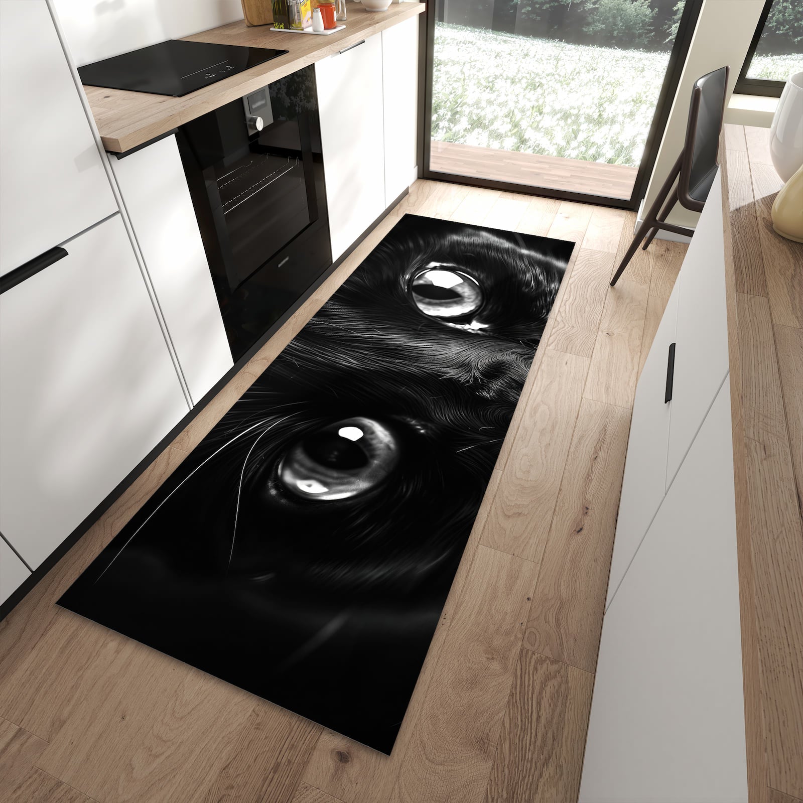 Zeitsparender langer Teppich mit Motiv Katzengesicht in moderner Küche