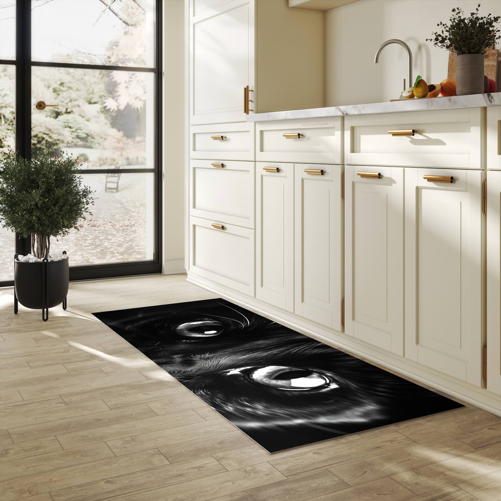 Feuchtigkeitsresistenter Teppich für die Küche mit Motiv Katzengesicht in heller Küche