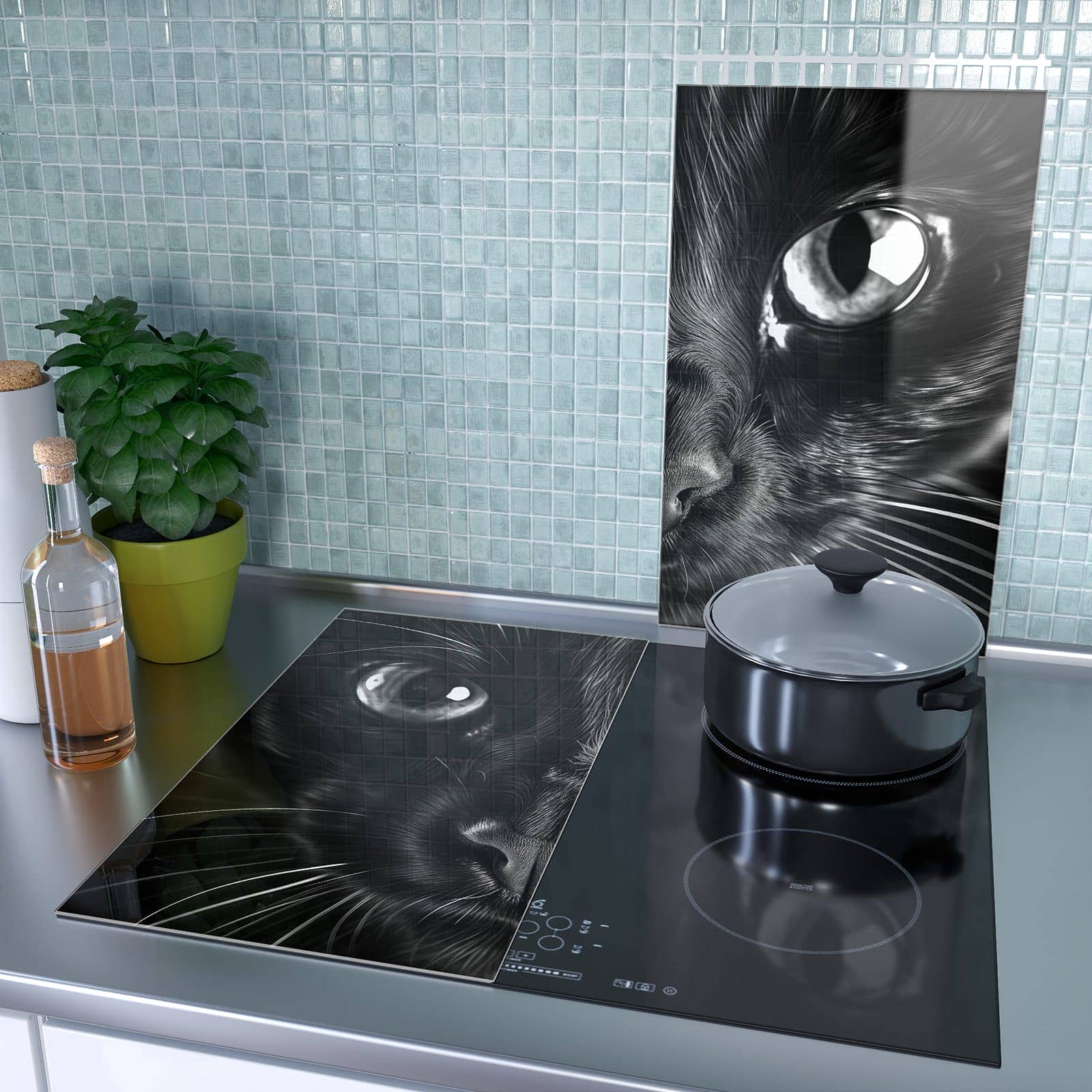 2-teilige Herd Schutzplatte mit Katzengesicht-Motiv als Spritzschutz hinter dem Kochfeld