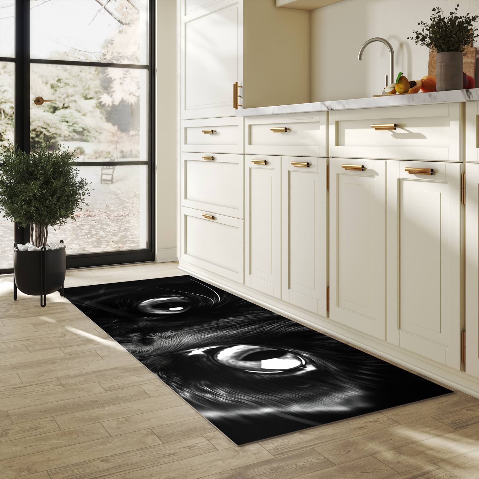 Formstabiler Küchenläufer mit Motiv Katzengesicht in heller Küche