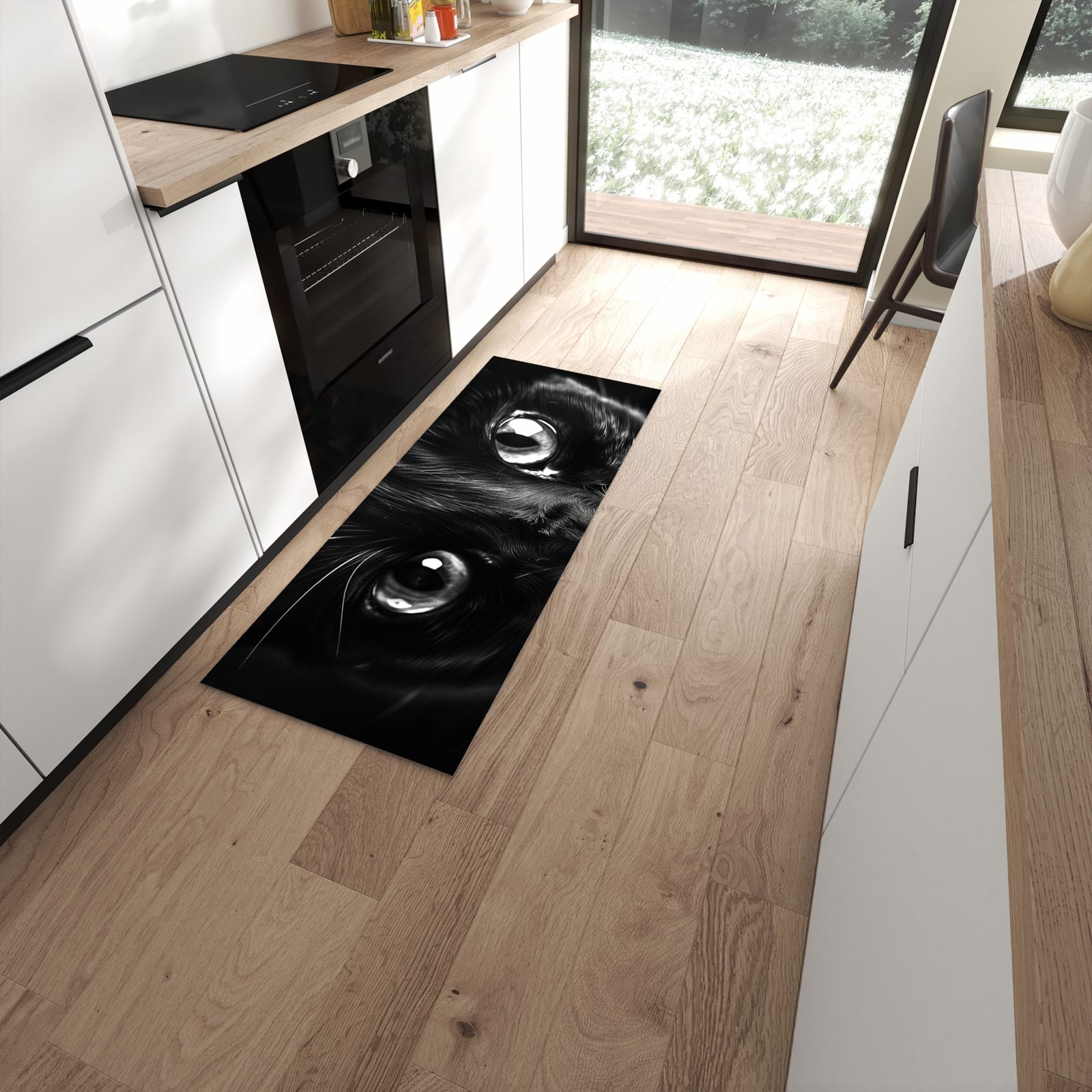 Strapazierfähiger Läufer für die Küche mit Motiv Katzengesicht in moderner Küche #grösse_60 x 150 cm