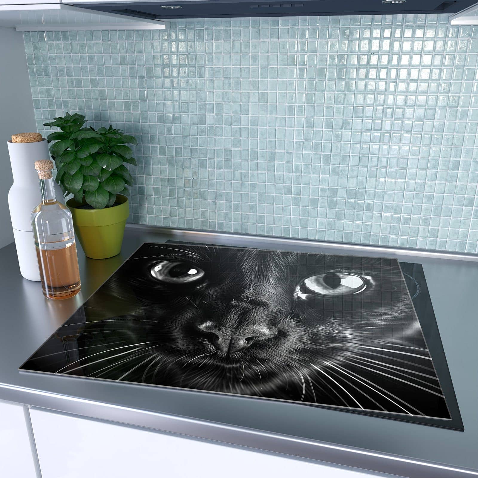 1-teilige Abdeckplatten Ceranfeld mit Katzengesicht-Motiv auf dem Ceranfeld