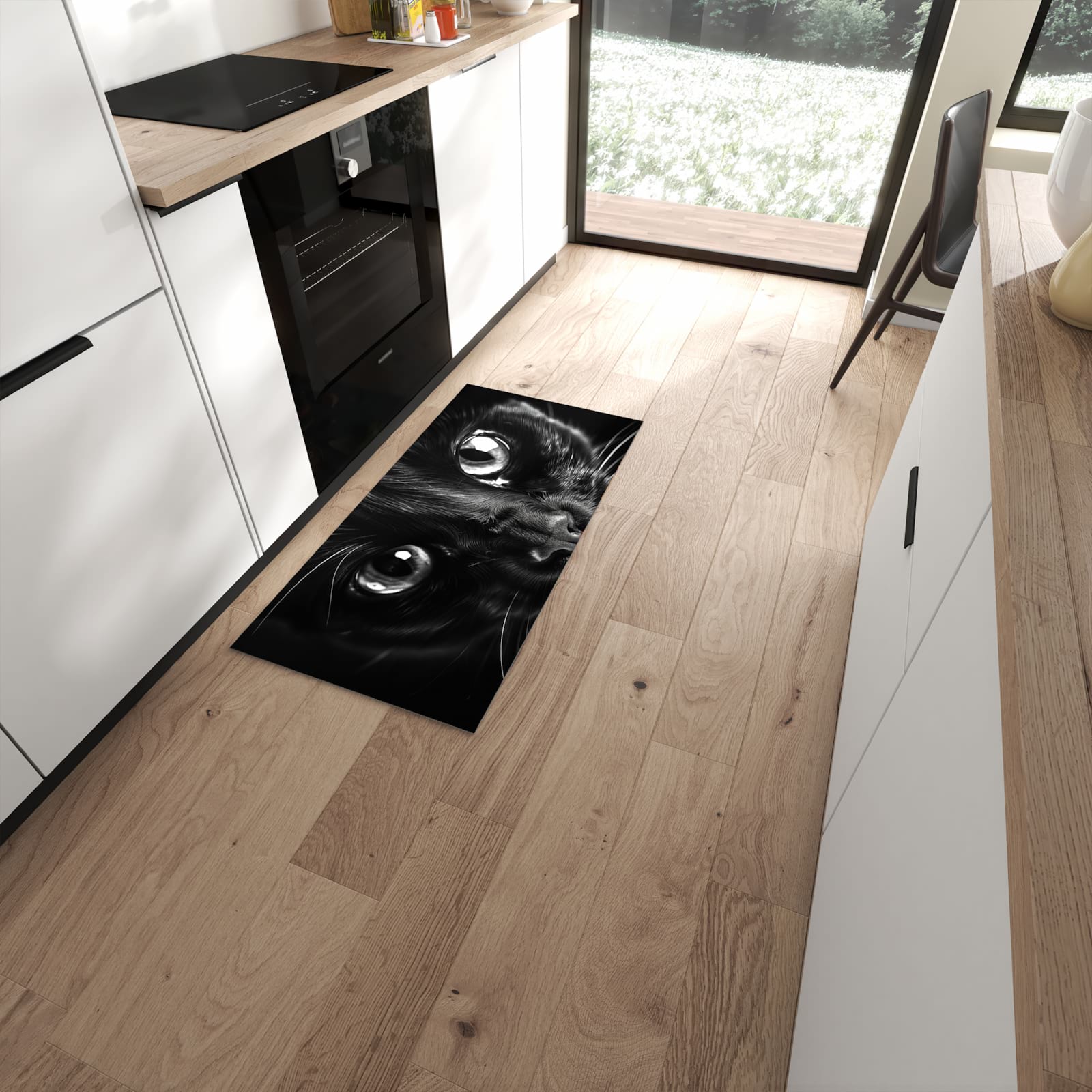 Hygienischer Küchenteppich mit Motiv Katzengesicht in moderner Küche #grösse_60 x 120 cm