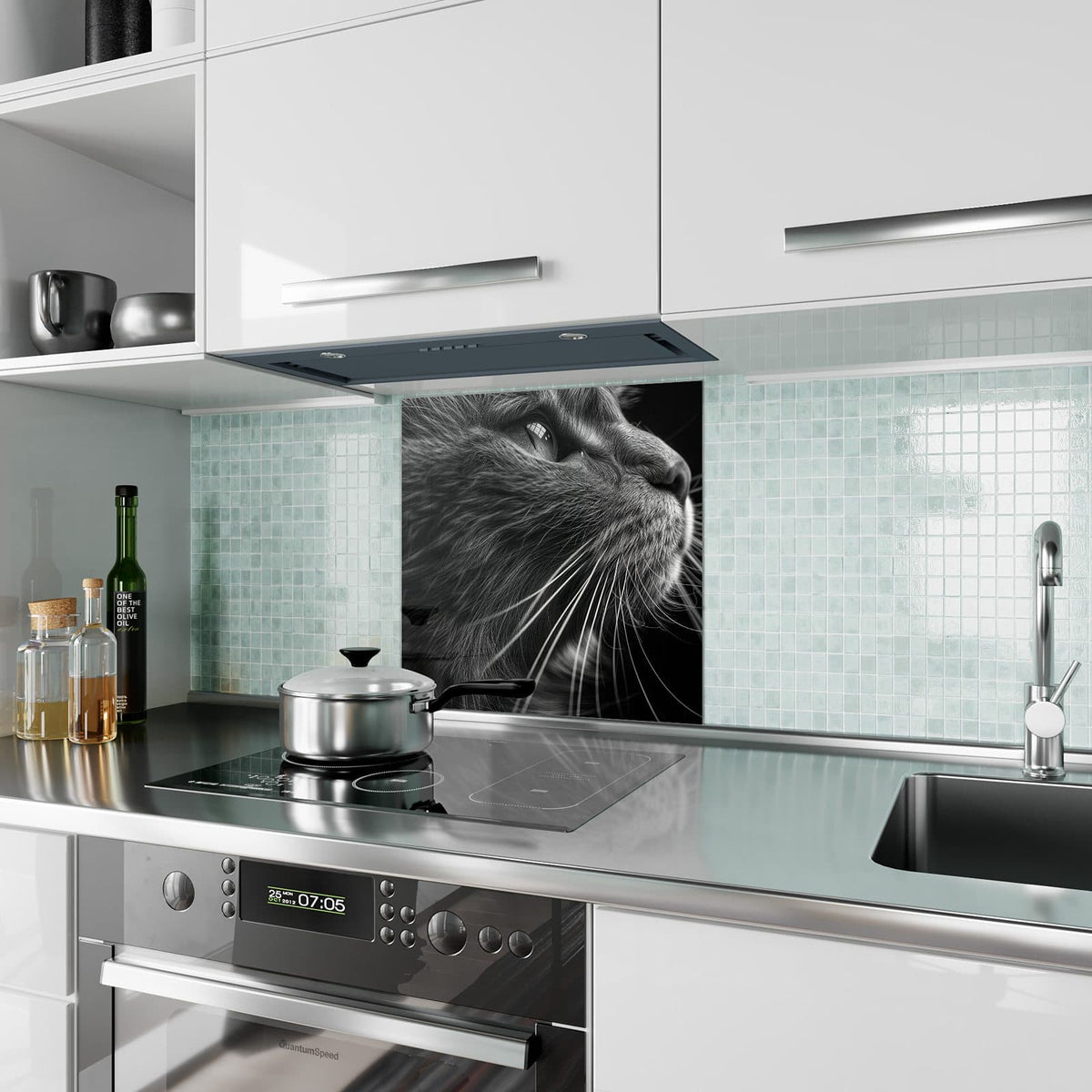 Küchenrückwand Katze in Schwarzweiß aus Glas – Katzenkopf mit hellen Schnurrhaaren