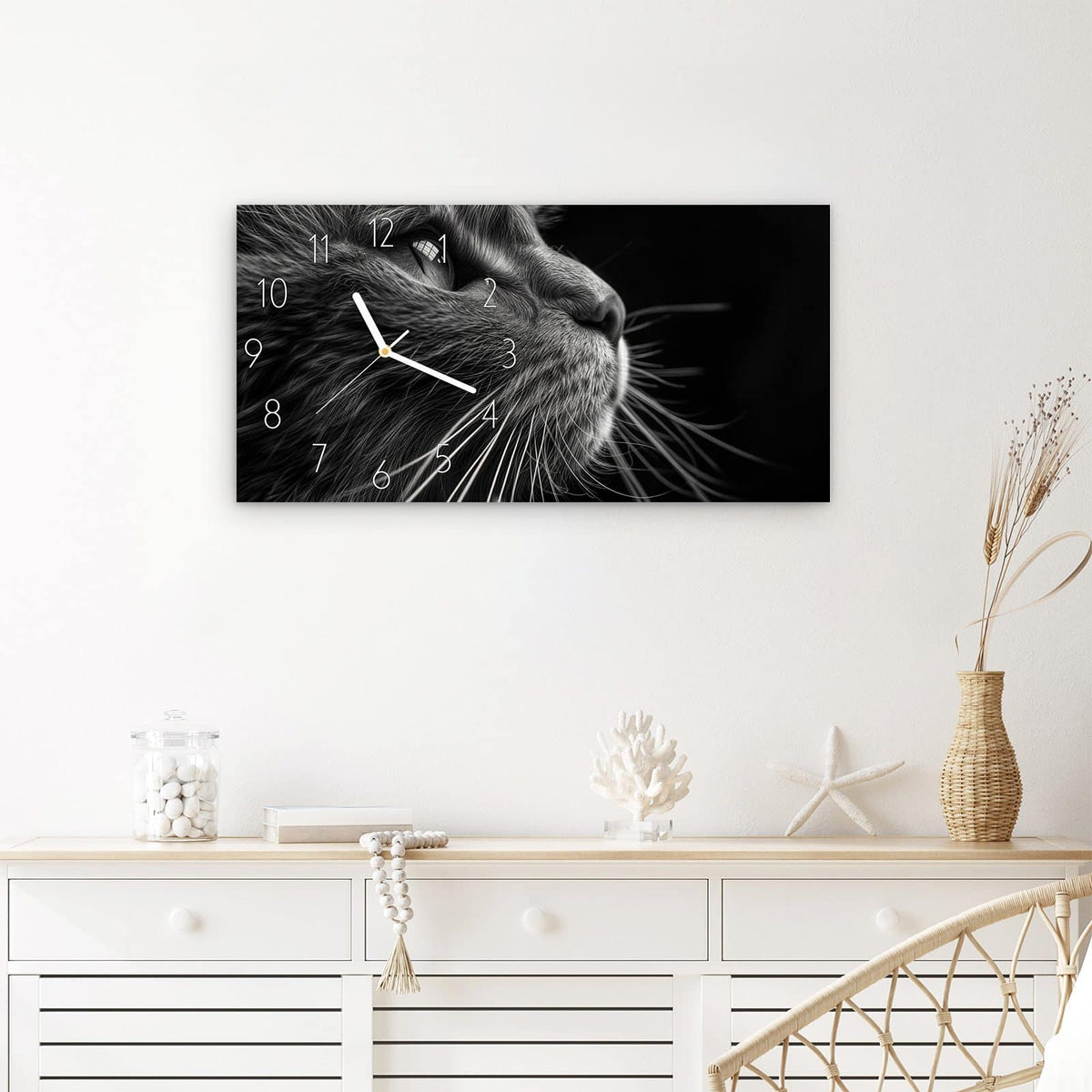 Wanduhr Katzen Nahaufnahme aus Glas – Querformat 60 × 30 cm – Katzenprofil in feinen Fellstrichen