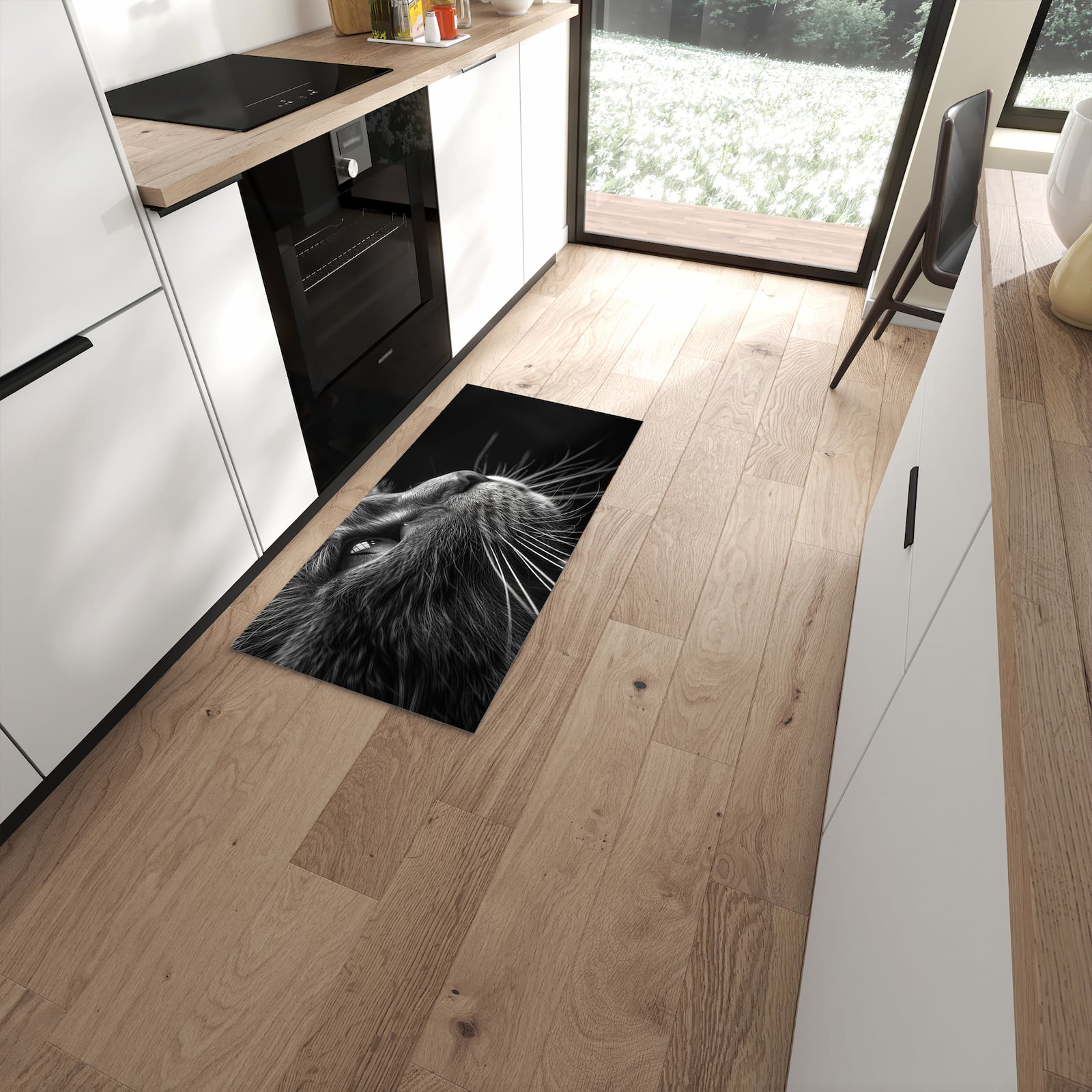 UV-beständiger Küchenläufer mit Motiv Nahaufnahme Katze in moderner Küche #grösse_60 x 120 cm