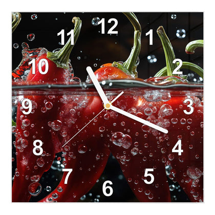 Wanduhr Quadratisch mit dem Motiv Chilis mit Luftblasen