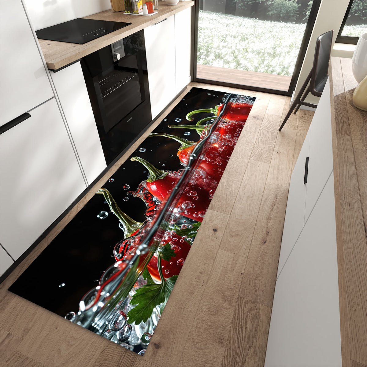 Rutschfester Küchenläufer mit Motiv Paprika im Wasser für sicheren Stand in moderner Küche