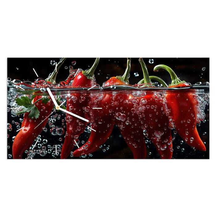 Wanduhr Paprika im Wasser aus Glas – Querformat 60 × 30 cm mit Ziffernblatt Linie
