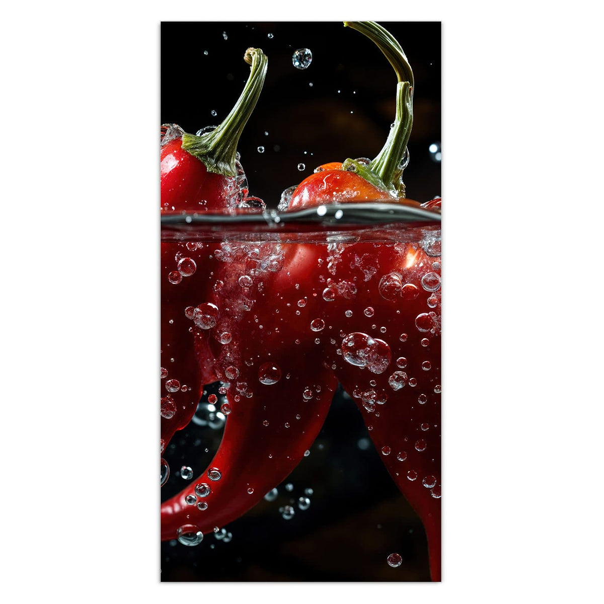 Rote Chilischoten halb im Wasser, dicht besetzt mit Luftblasen, schwarzer Hintergrund