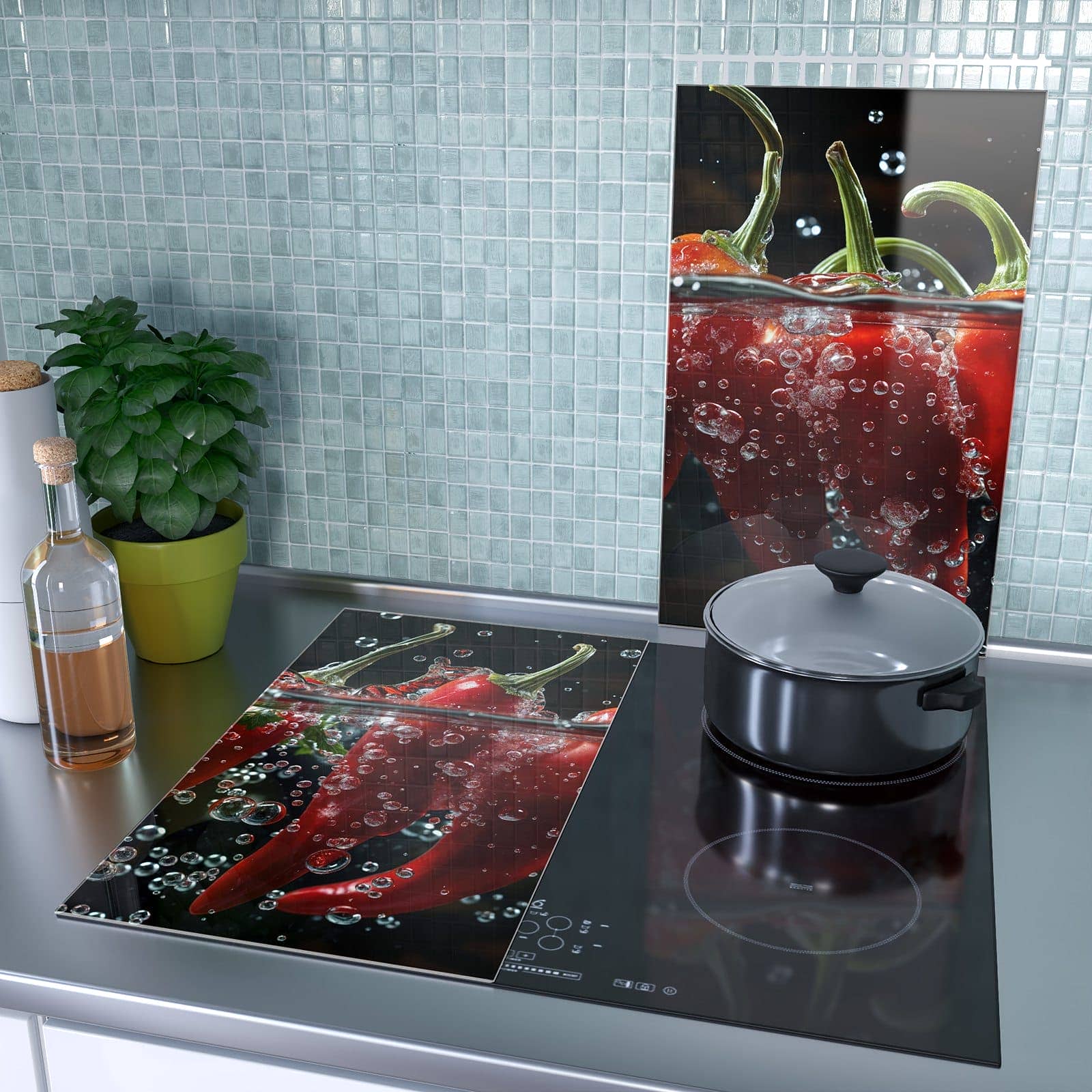 2-teilige Abdeckung für Herdplatten mit Paprika im Wasser-Motiv als Spritzschutz hinter dem Kochfeld