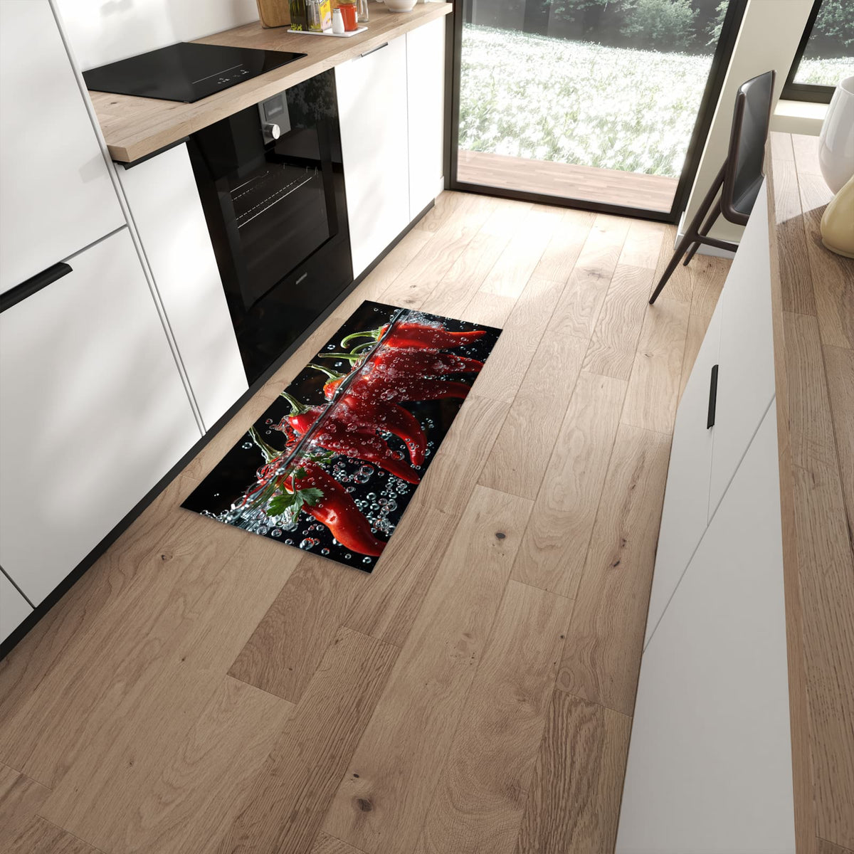Waschbarer Küchenteppich mit Motiv Paprika im Wasser in moderner Küche #grösse_60 x 120 cm