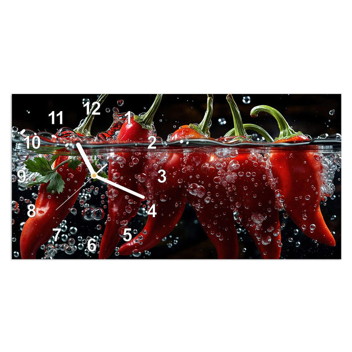 Wanduhr Paprika im Wasser aus Glas – Querformat 60 × 30 cm mit Ziffernblatt Modern