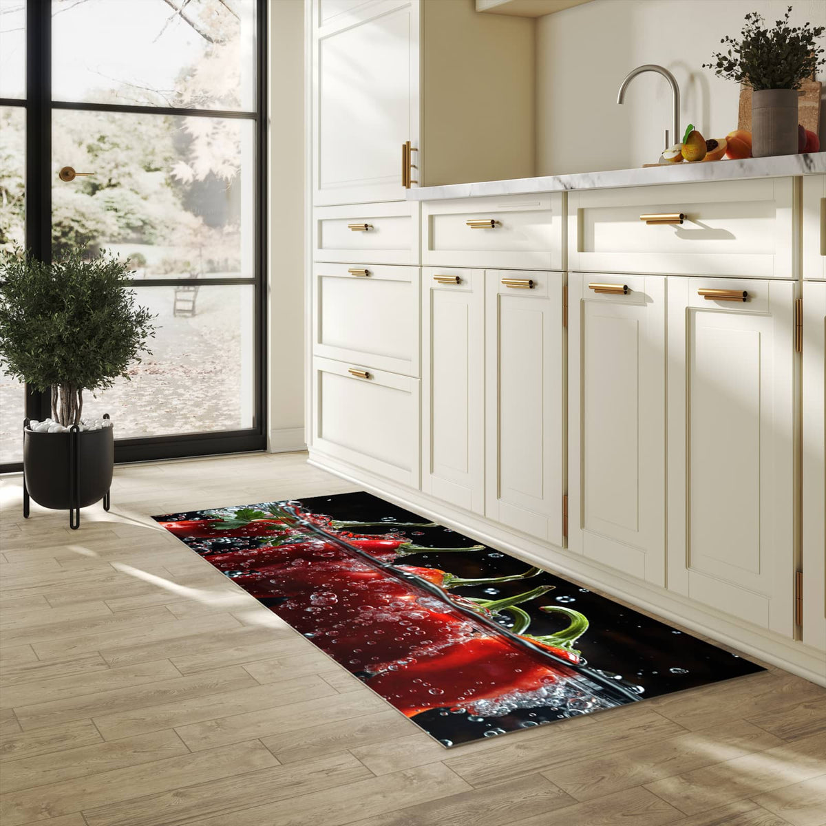 Küchenteppich mit Motiv Paprika im Wasser für Ordnung & Übersicht in heller Küche