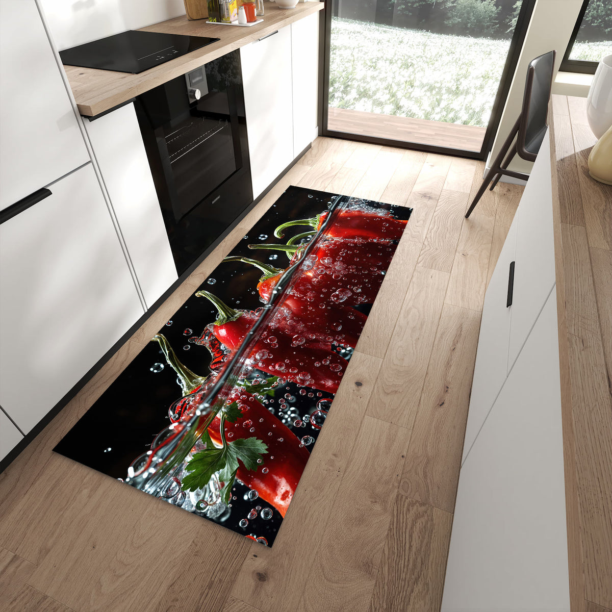 Farbbeständiger waschbarer Küchenläufer mit Motiv Paprika im Wasser in moderner Küche