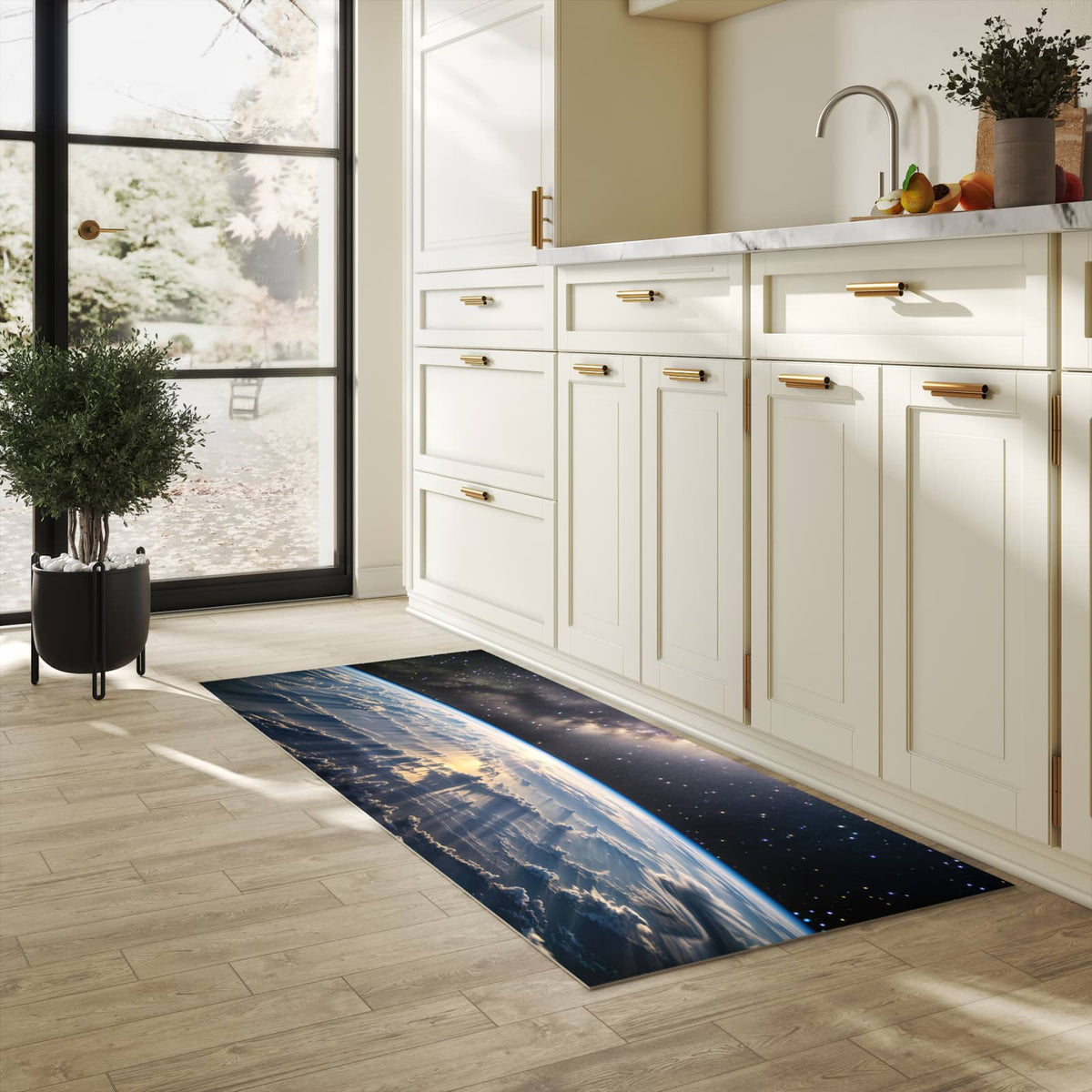 Flacher Küchenläufer mit Motiv Weltall Sonnenaufgang in heller Küche für lange Teppiche