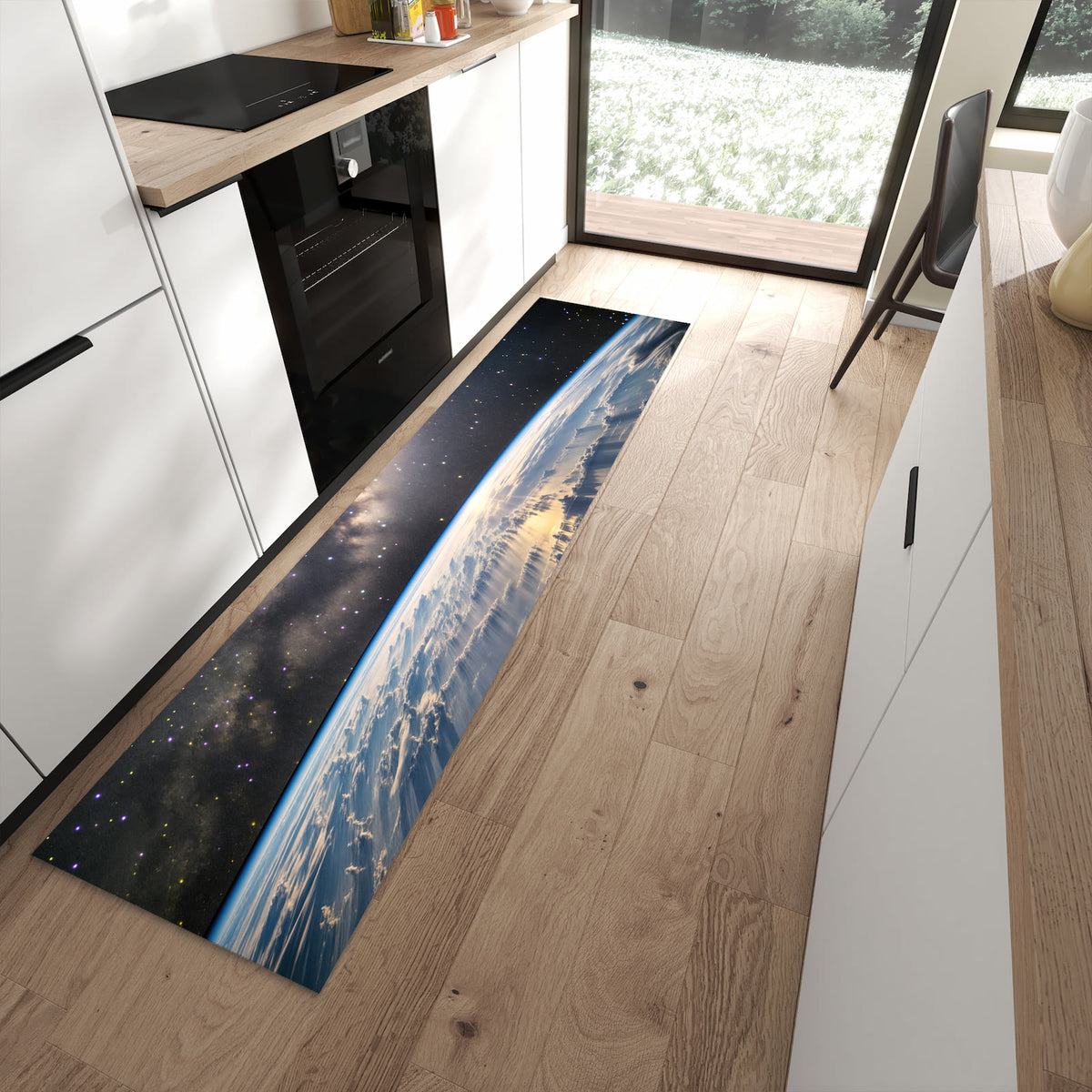 Fleckenresistenter Küchenteppich mit Motiv Weltall Sonnenaufgang in moderner Küche