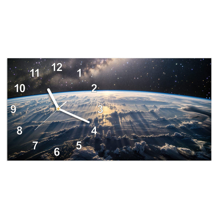 Wanduhr Weltall Sonnenaufgang aus Glas – Querformat 60 × 30 cm mit Ziffernblatt Modern
