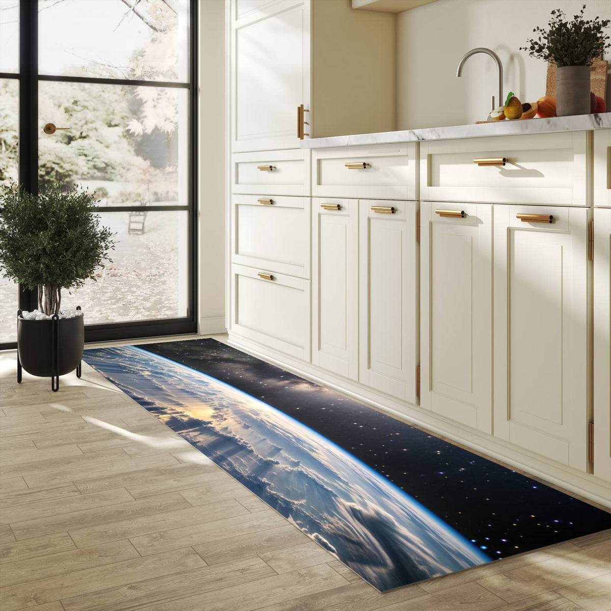Rutschhemmender dünner Teppich mit Motiv Weltall Sonnenaufgang in heller Küche