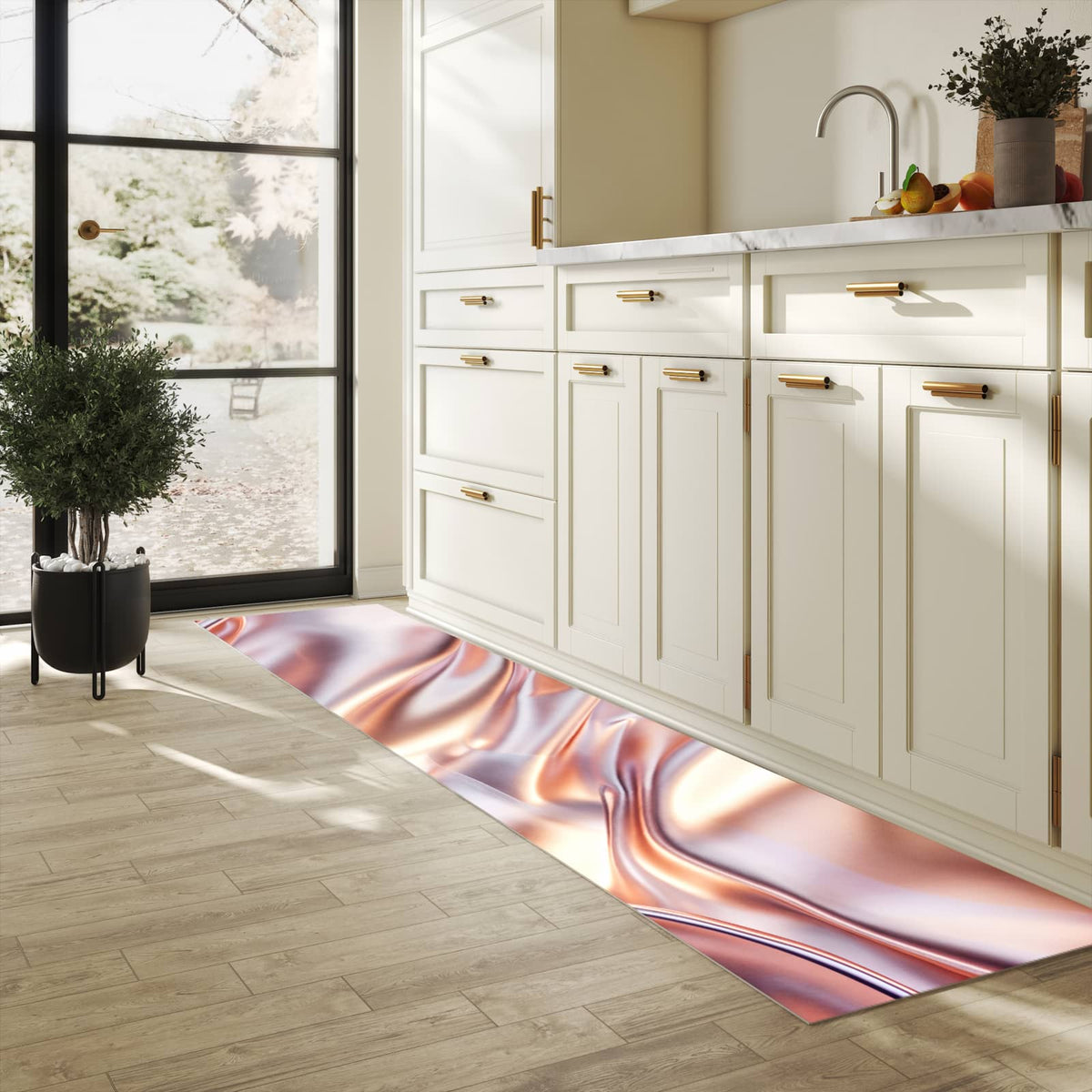 Küchenteppich mit Motiv Glänzender Stoff für Ordnung in heller Küche