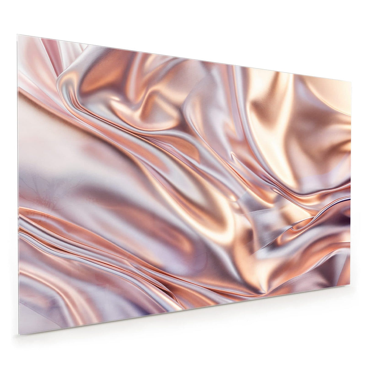 Küchenrückwand aus Glas im Hochformat mit Motiv Seidenfalten in Kupfer: Glänzende Stofffalten in Roségold und Silber, weiche Lichtkanten