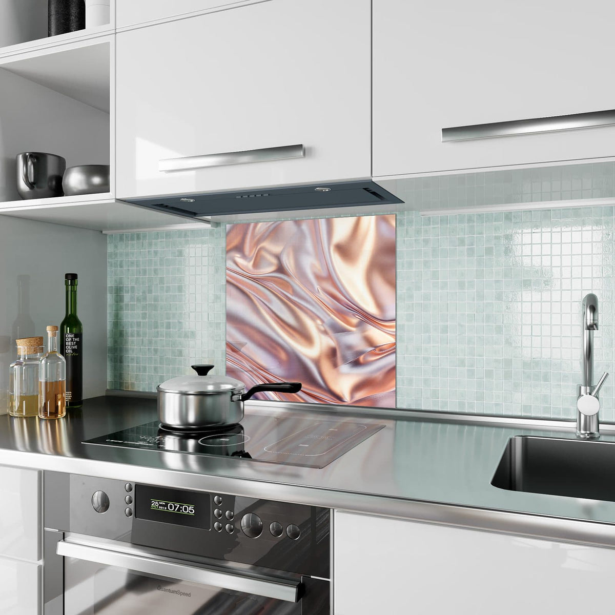 Küchenrückwand Seidenfalten in Kupfer aus Glas – Seidige Stofffalten in Kupfer und Rosé