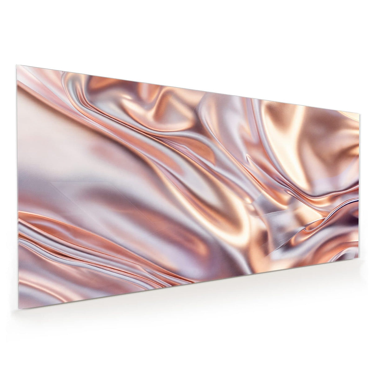 Küchenrückwand aus Glas im Hochformat mit Motiv Seidenfalten in Kupfer: Glänzende Stofffalten in Roségold und Silber, weiche Lichtkanten
