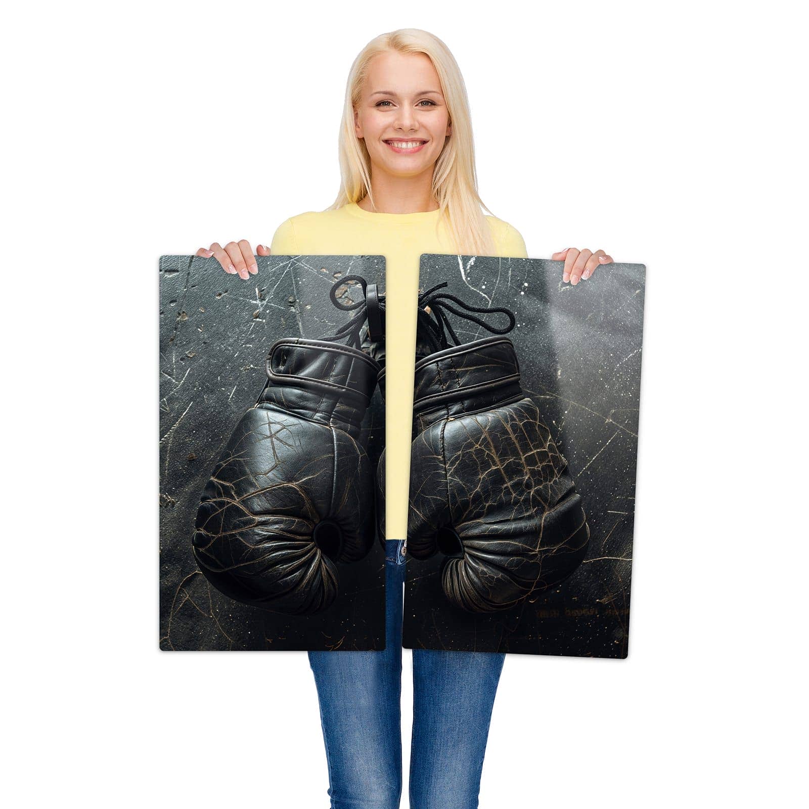 2-teilige Herdabdeckplatten für Ceranfeld mit Boxhandschuhe Vintage-Motiv wird zur Größendarstellung gehalten