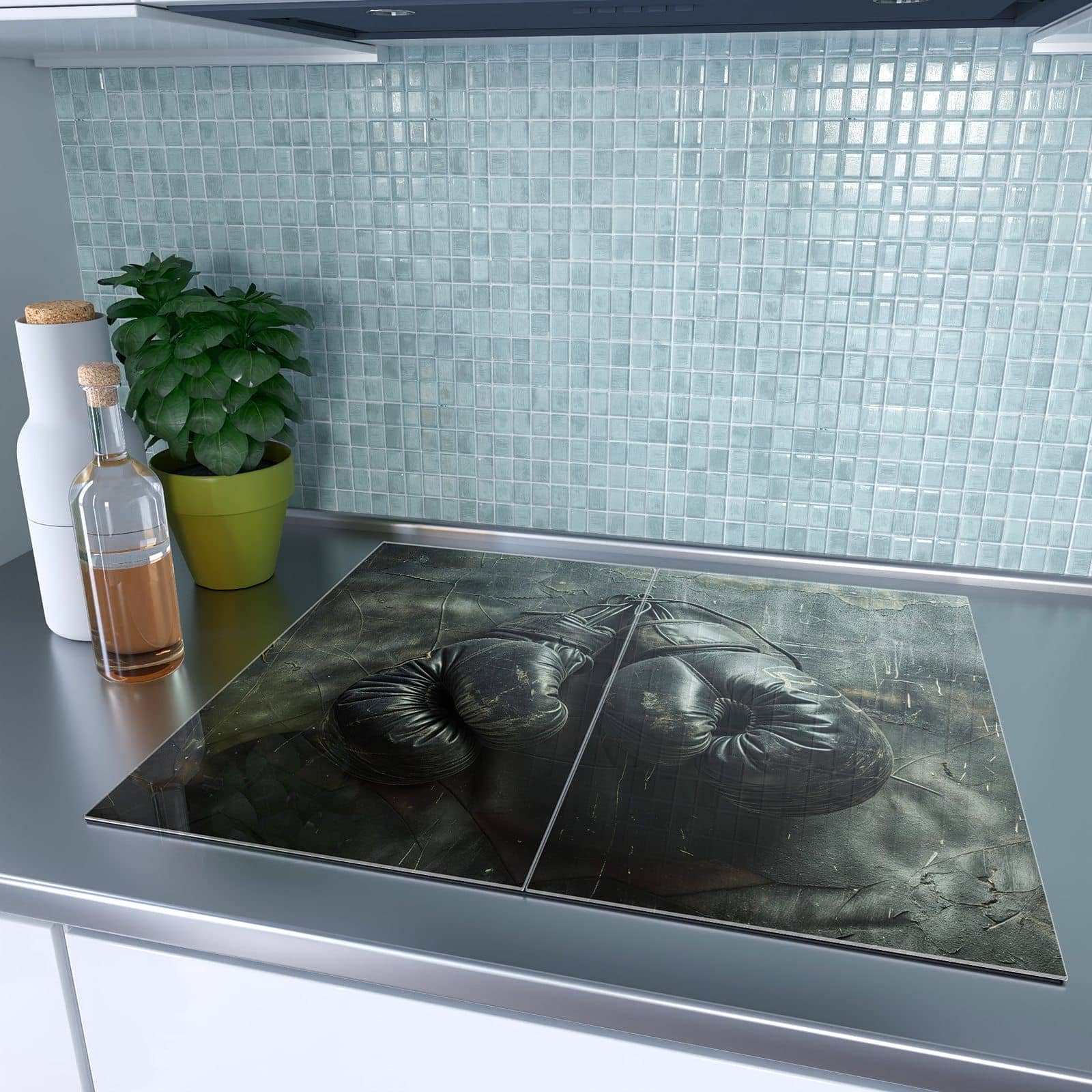 2-teilige Herdabdeckung aus Glas mit Vintage Boxhandschuhe-Motiv auf dem Ceranfeld