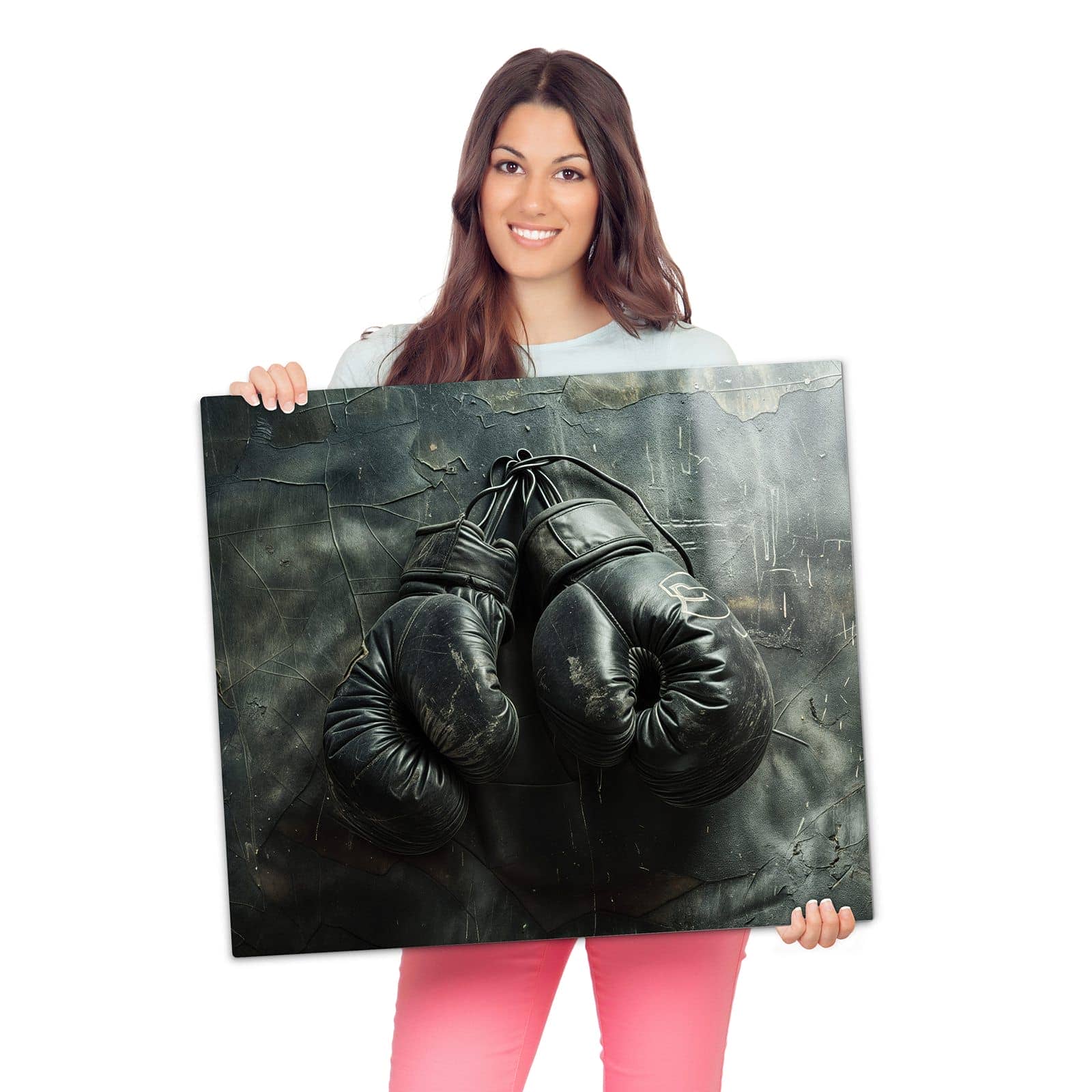 Herdabdeckung mit Vintage Boxhandschuhe-Motiv wird zur Größendarstellung gehalten