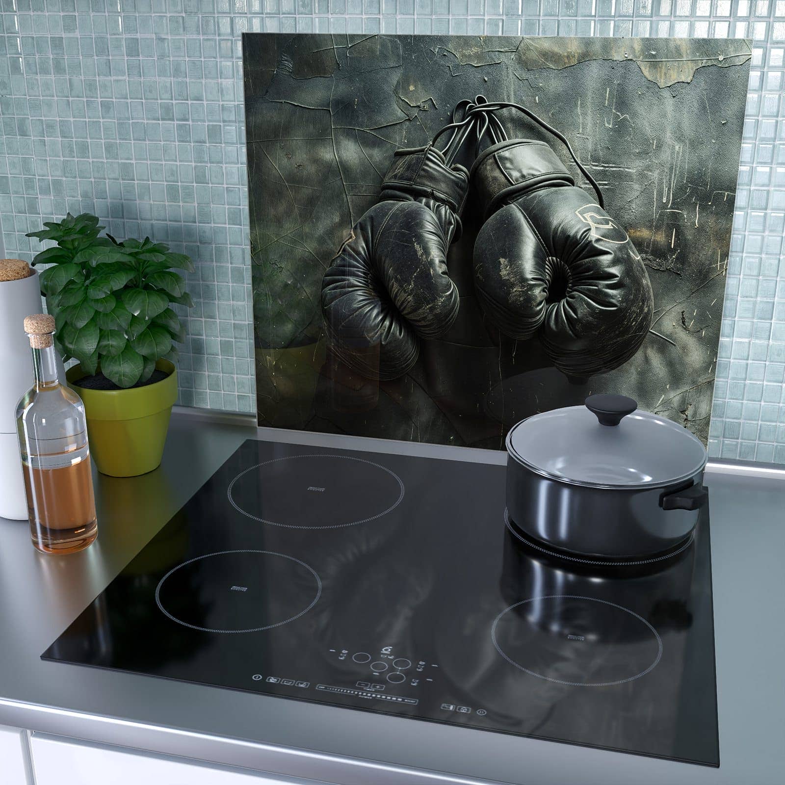 1-teilige Abdeckplatte für Induktionsherd mit Vintage Boxhandschuhe-Motiv als Spritzschutz hinter dem Kochfeld