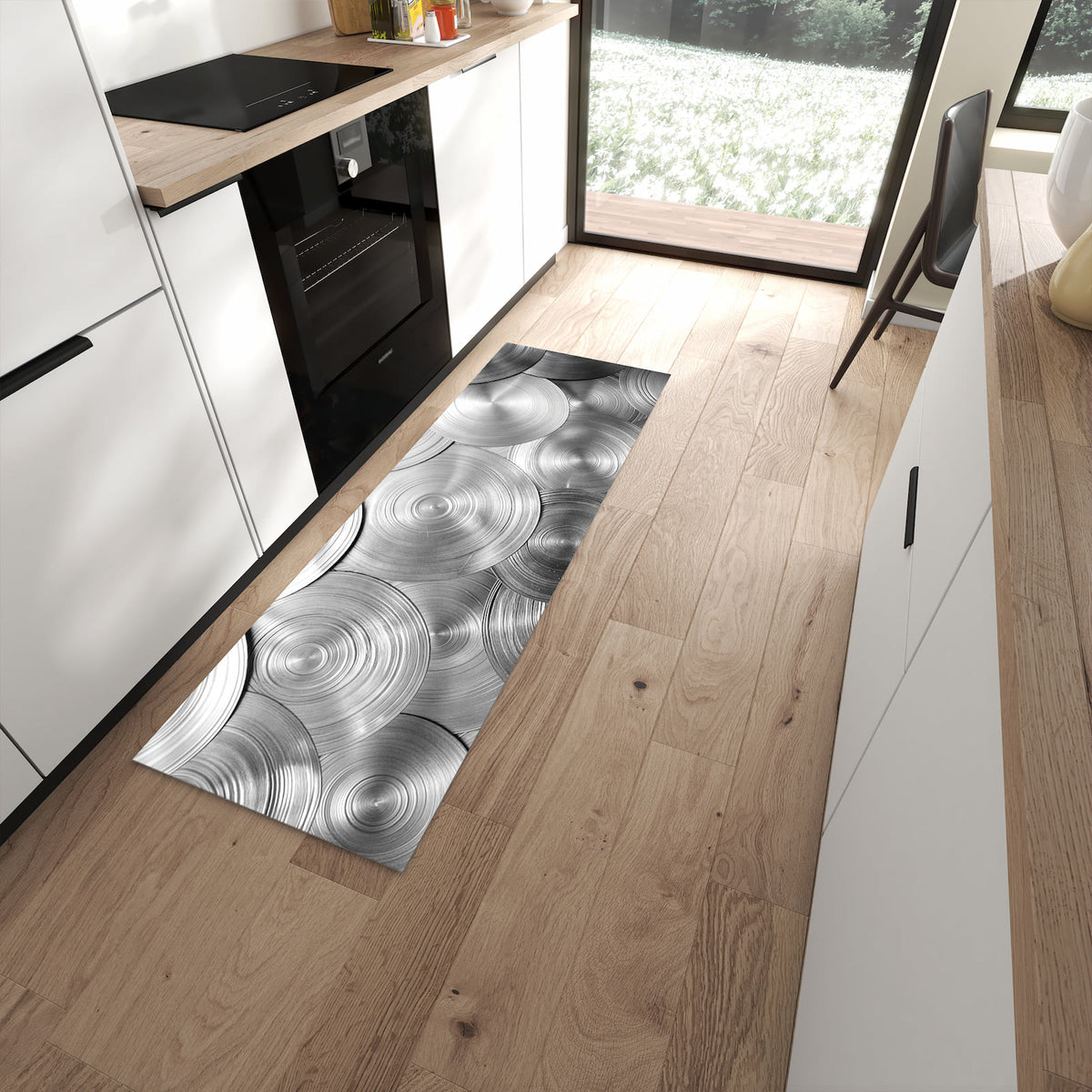 Langlebiger Küchenteppich mit Motiv Metallische Scheiben in moderner Küche
