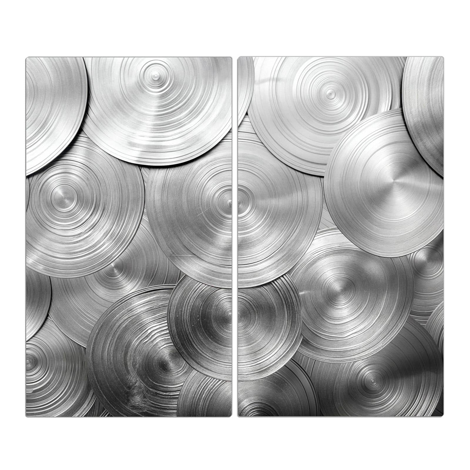 2-teilige Herdabdeckplatte zum Herd abdecken mit Metallische Scheiben-Motiv in der Frontansicht #grösse_2-Teilig (60x52cm)