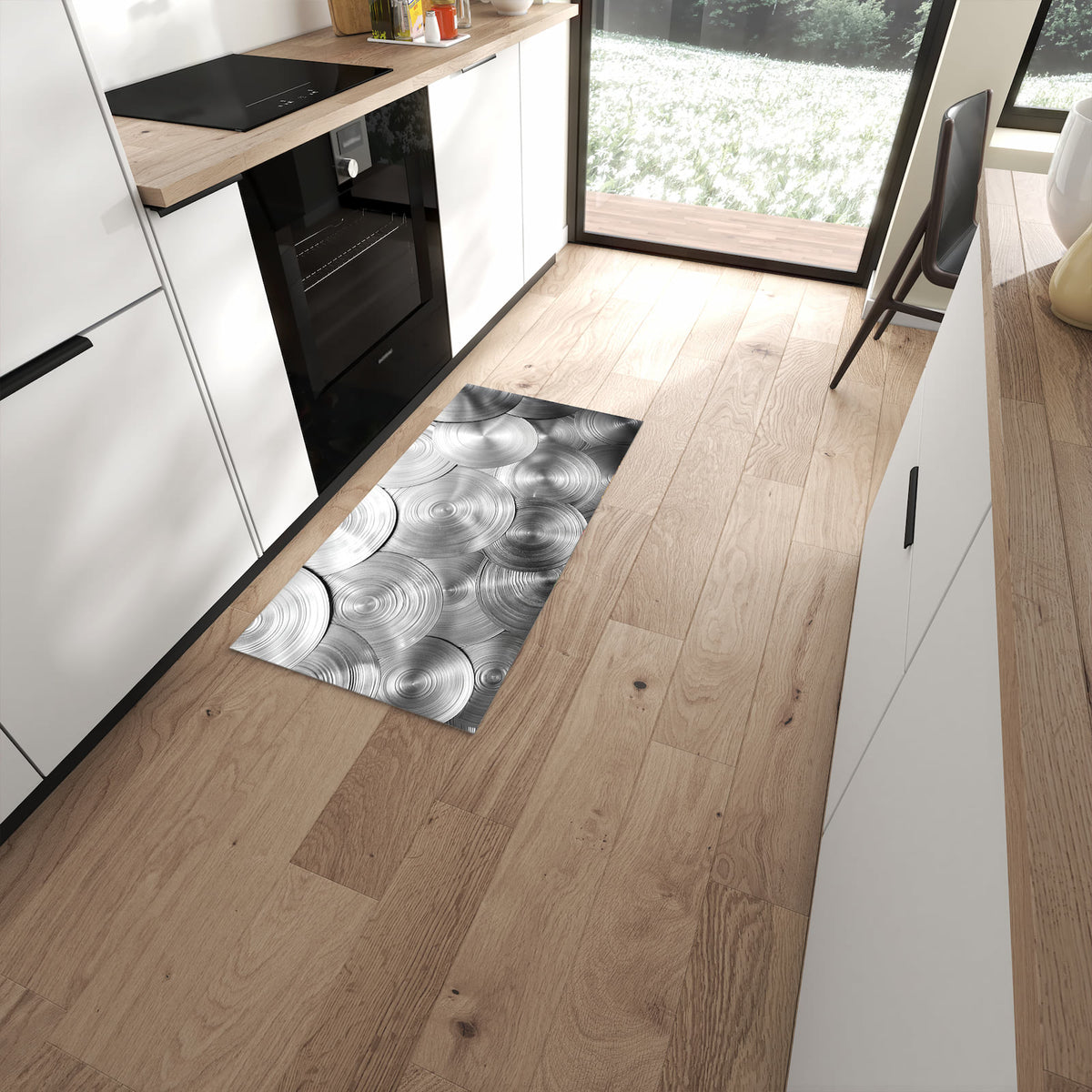 Schmutzabweisender Teppich für die Küche mit Motiv Metallische Scheiben in moderner Küche #grösse_60 x 120 cm