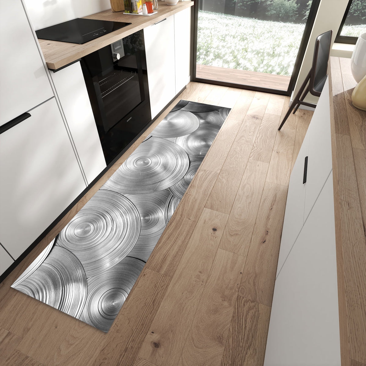 Flacher Küchenteppich mit Motiv Metallische Scheiben in moderner Küche