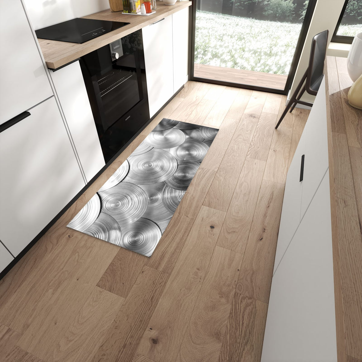 Geruchsneutraler Küchenteppich mit Motiv Metallische Scheiben in moderner Küche #grösse_60 x 150 cm