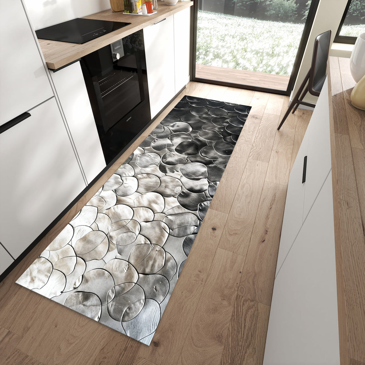 Abriebfester Küchenteppich mit Motiv Metallic Schuppen in moderner Küche