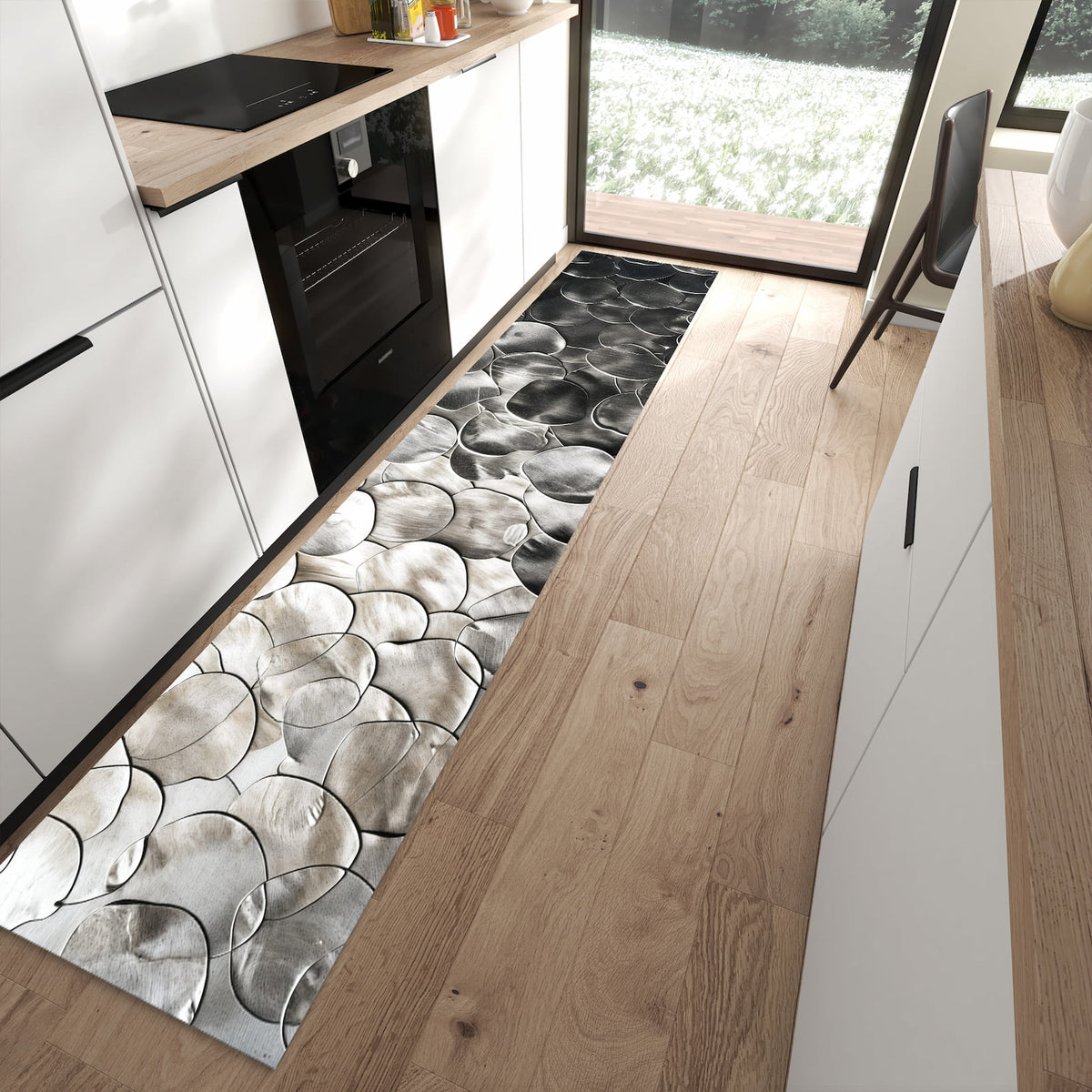 Waschbarer Küchenläufer mit Motiv Metallic Schuppen in moderner Küche für sichere Aufbewahrung