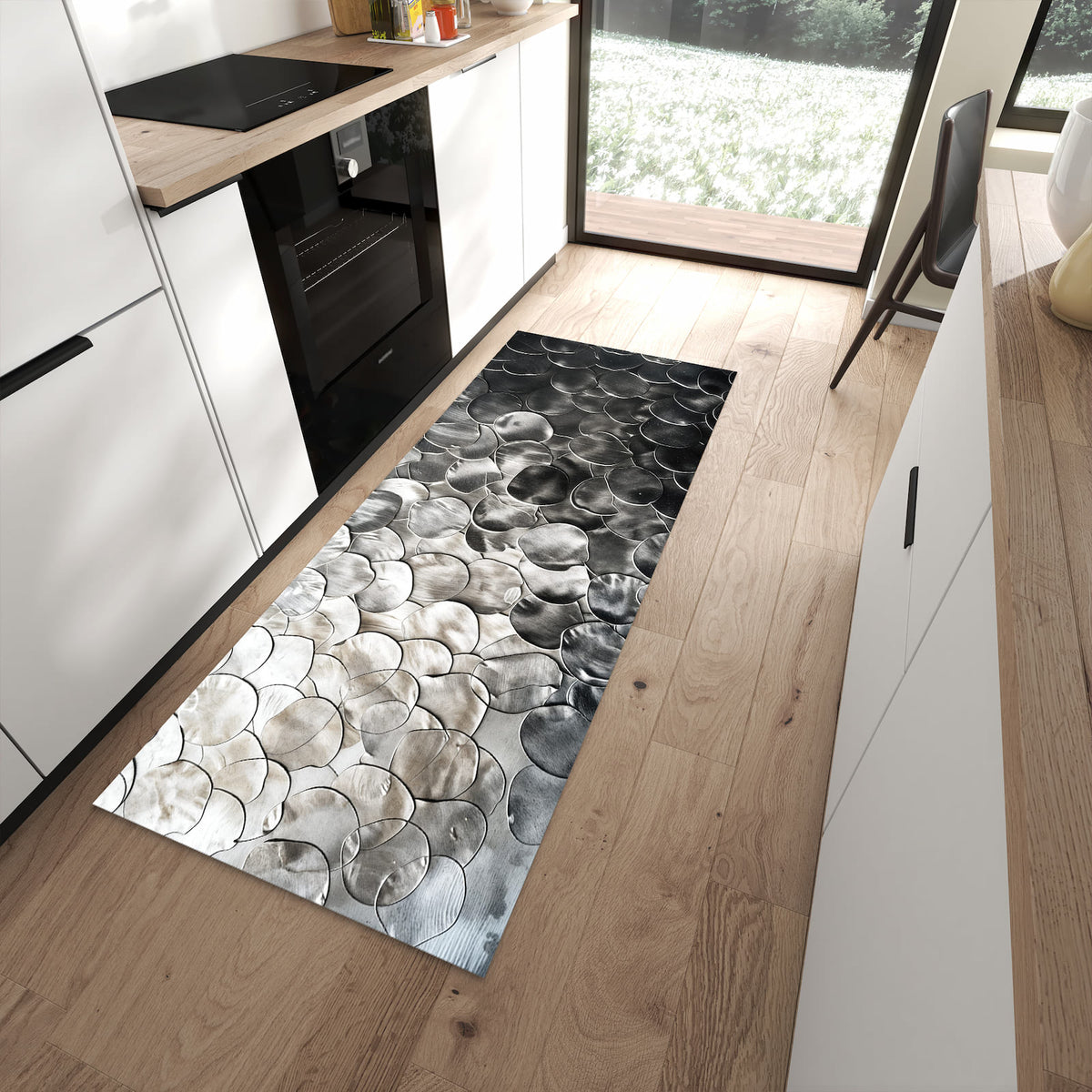 Geräuschdämpfender abwaschbarer Küchenläufer mit Motiv Metallic Schuppen in moderner Küche