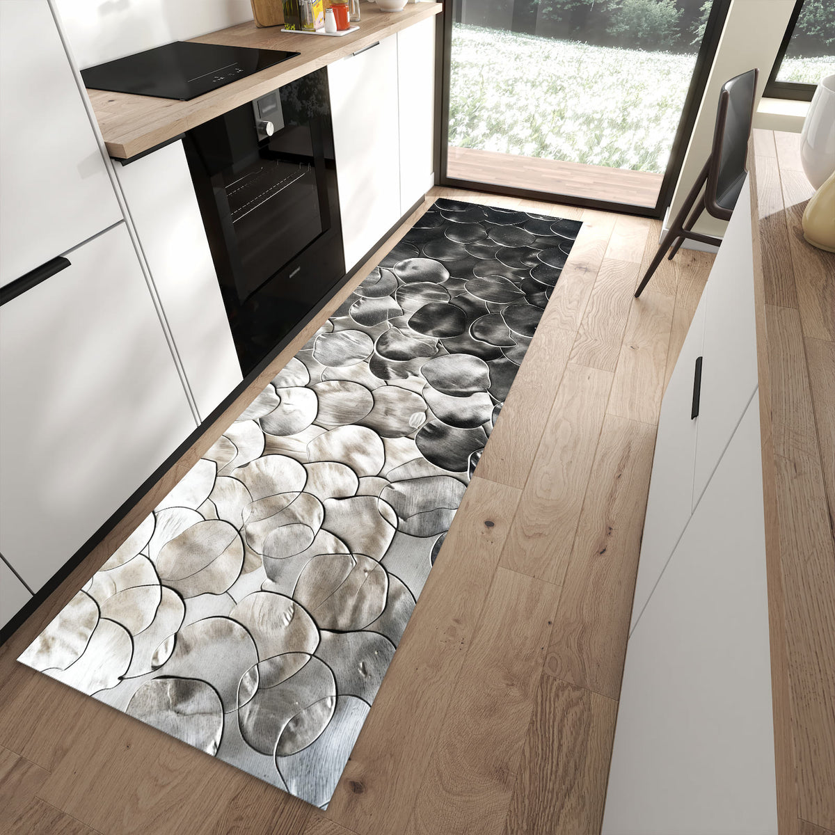 UV-beständiger Küchenteppich mit Motiv Metallic Schuppen in moderner Küche